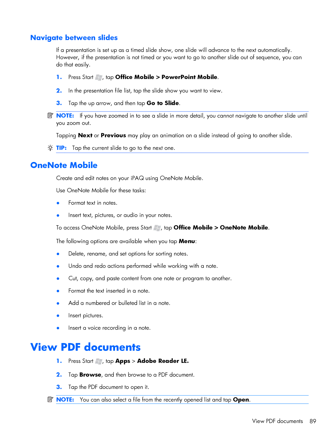 HP Glisten-AT&T manual OneNote Mobile, Navigate between slides, Press Start , tap Apps Adobe Reader LE 