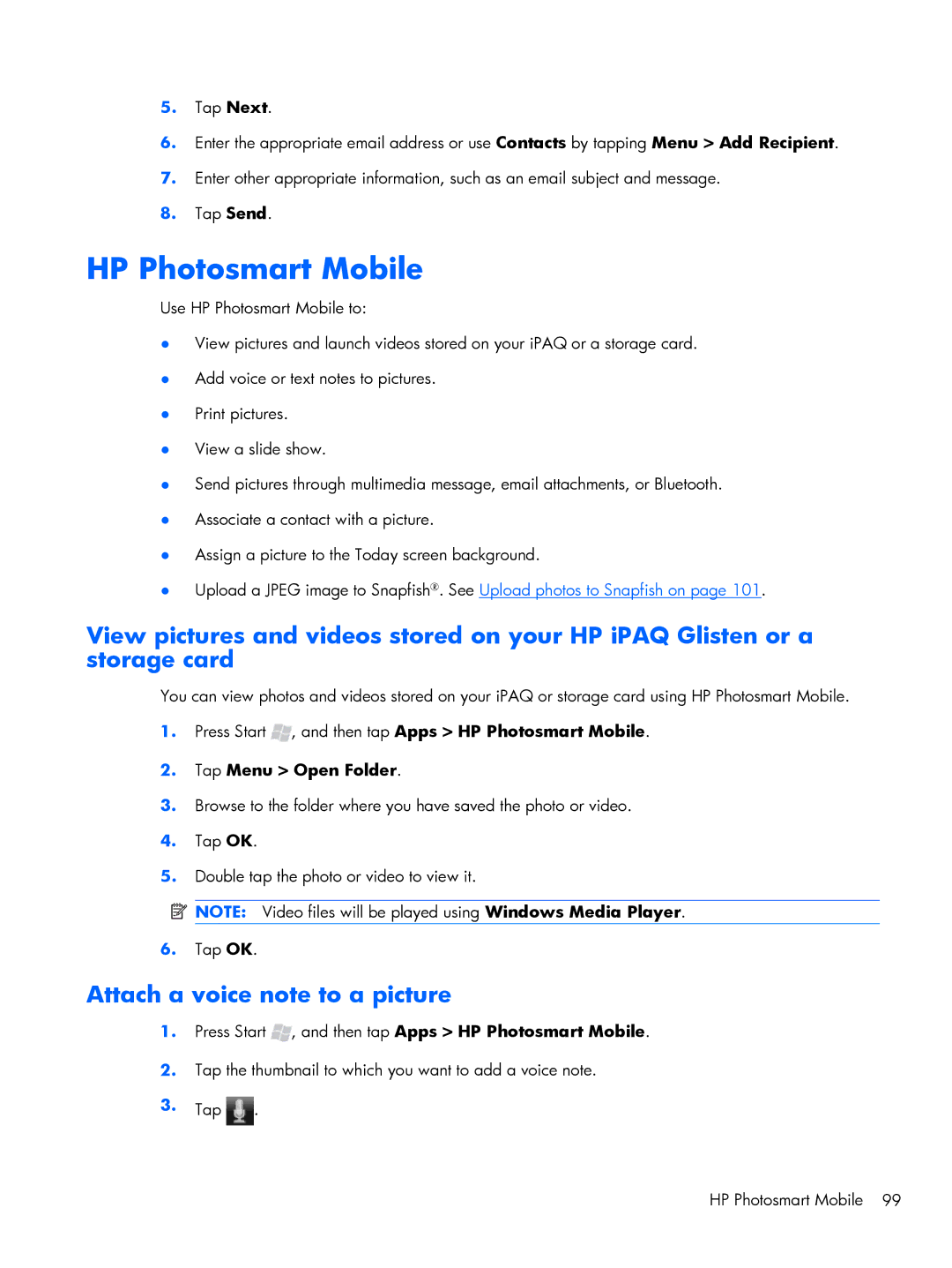 HP Glisten-AT&T manual HP Photosmart Mobile, Attach a voice note to a picture, Tap Menu Open Folder 