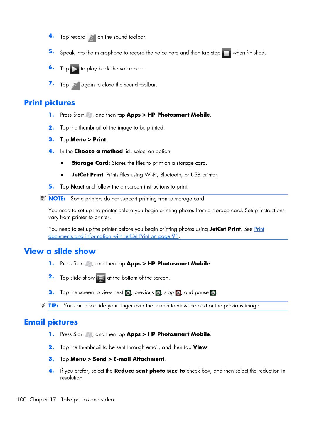 HP Glisten-AT&T manual Print pictures, View a slide show, Email pictures, Tap Menu Print 