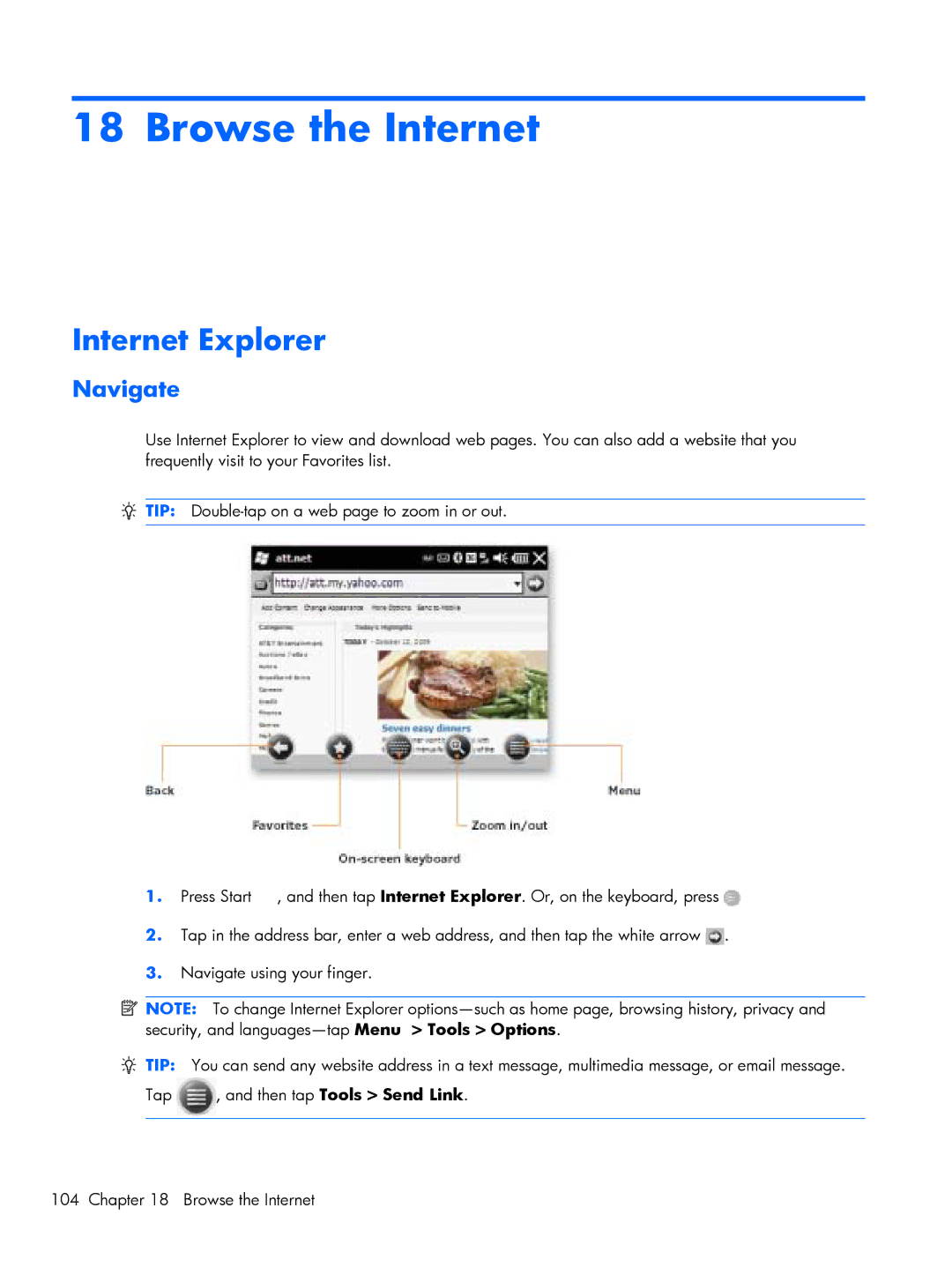 HP Glisten-AT&T manual Browse the Internet, Internet Explorer, Navigate 