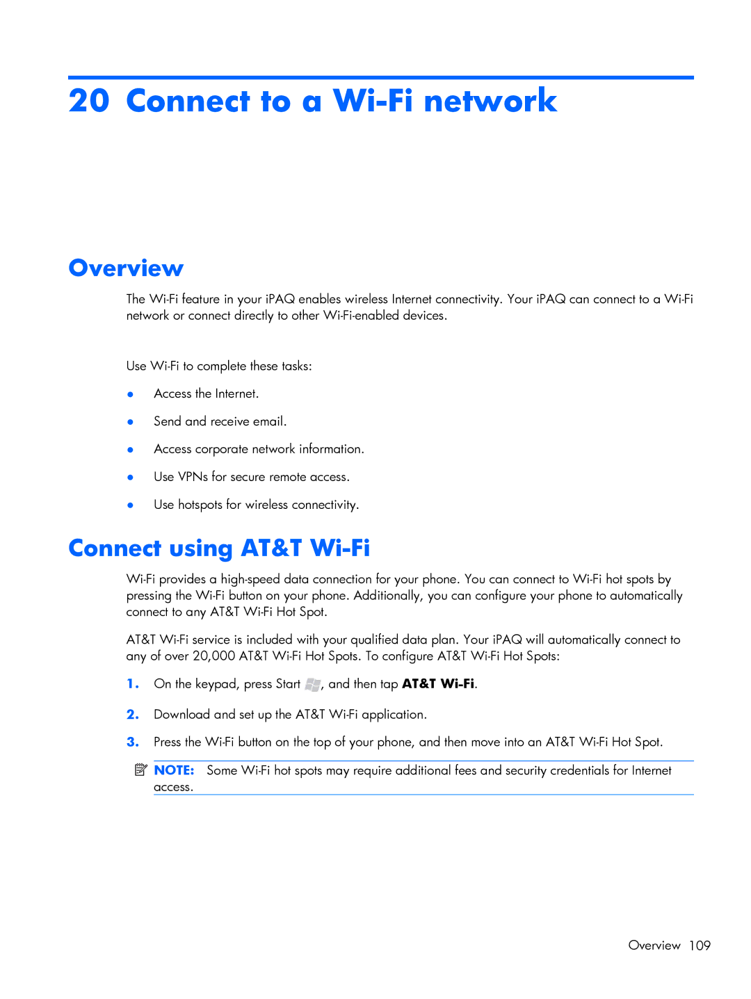 HP Glisten-AT&T manual Connect to a Wi-Fi network, Connect using AT&T Wi-Fi 