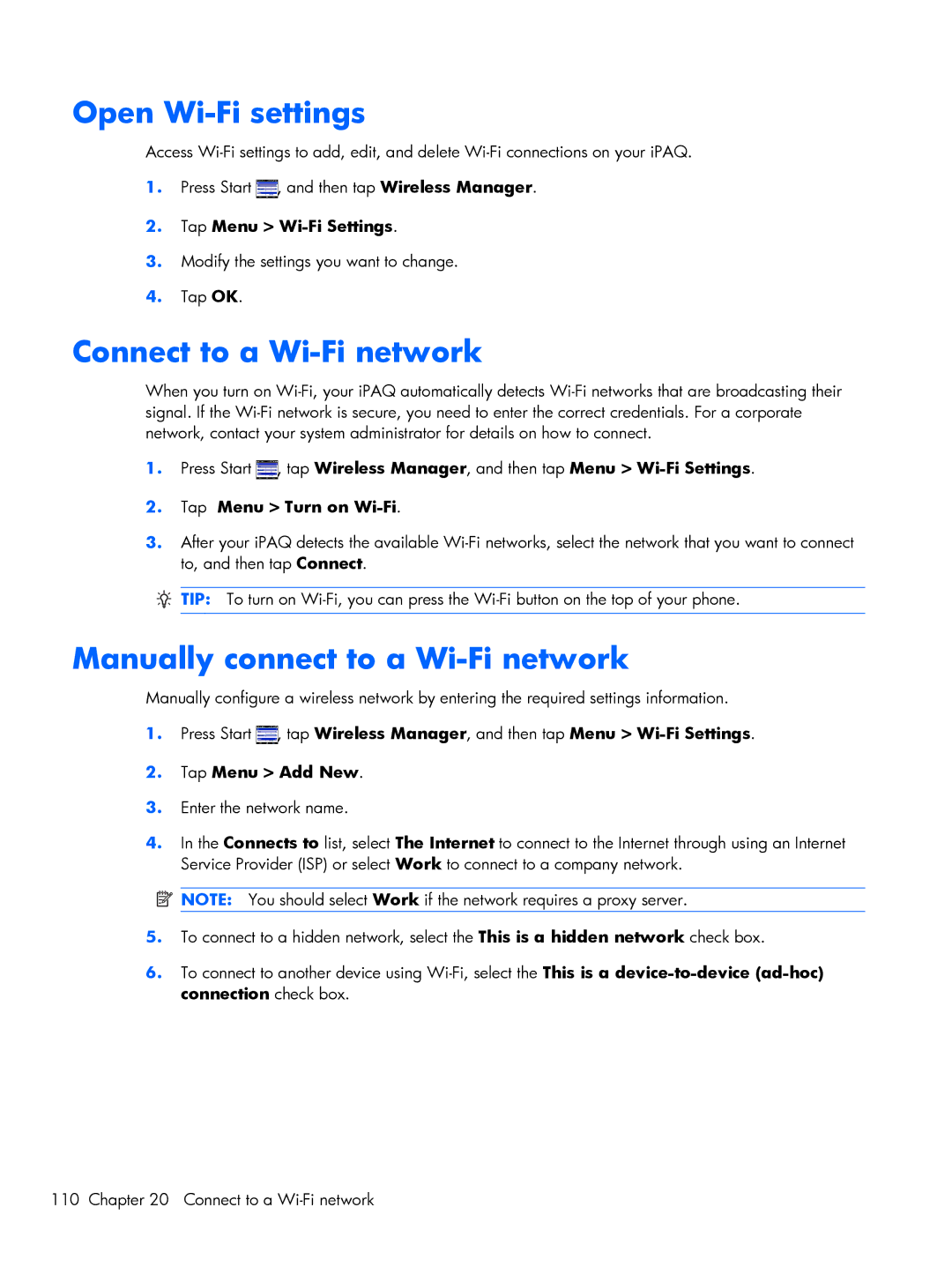 HP Glisten-AT&T manual Open Wi-Fi settings, Connect to a Wi-Fi network, Manually connect to a Wi-Fi network 