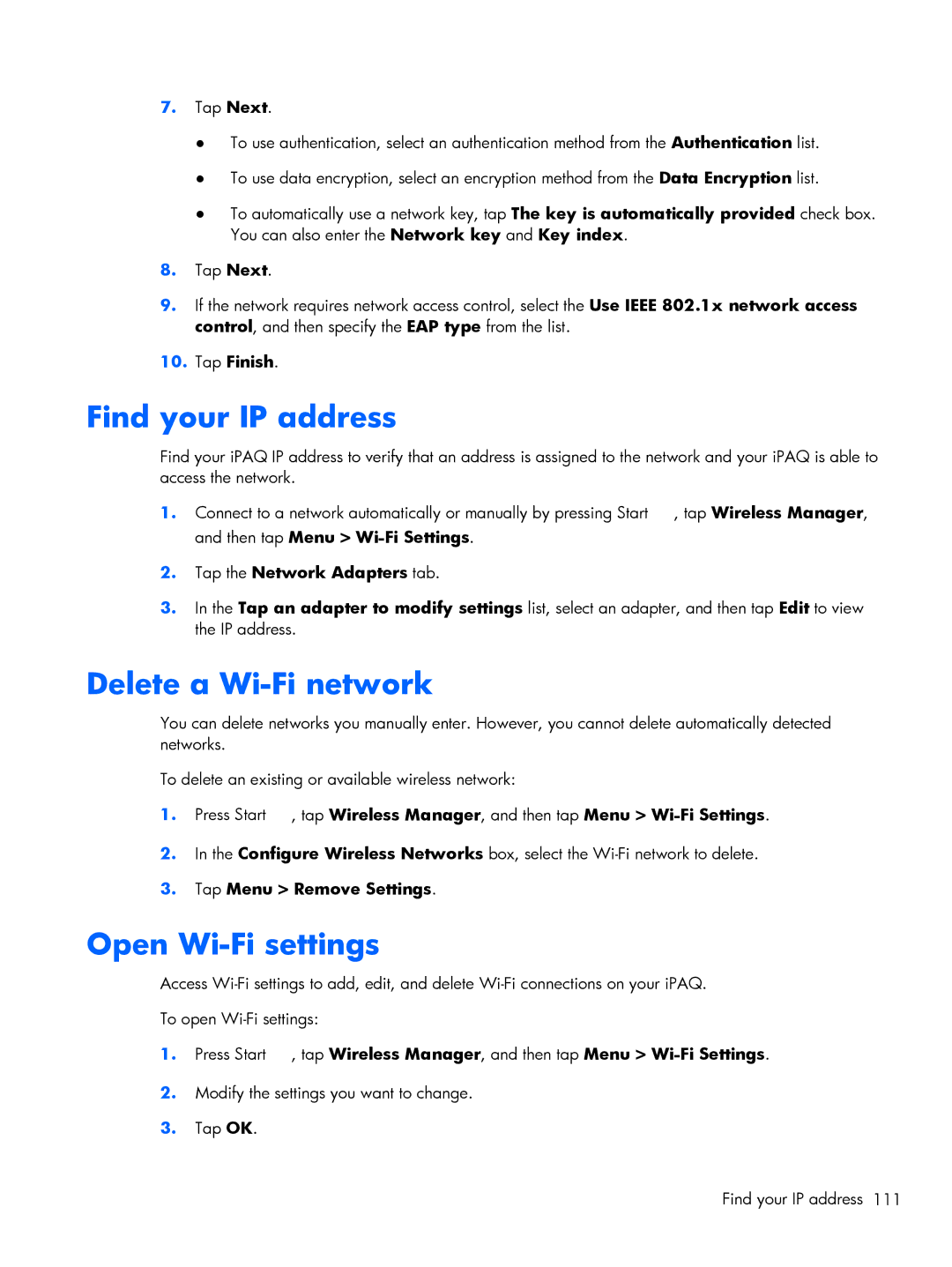 HP Glisten-AT&T manual Find your IP address, Delete a Wi-Fi network, Tap the Network Adapters tab, Tap Menu Remove Settings 