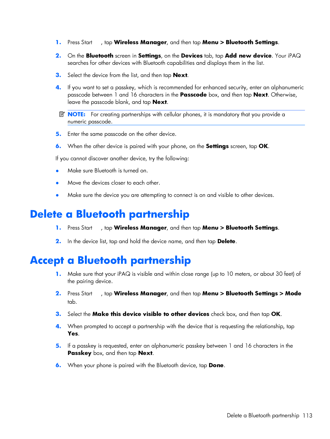 HP Glisten-AT&T manual Delete a Bluetooth partnership, Accept a Bluetooth partnership 