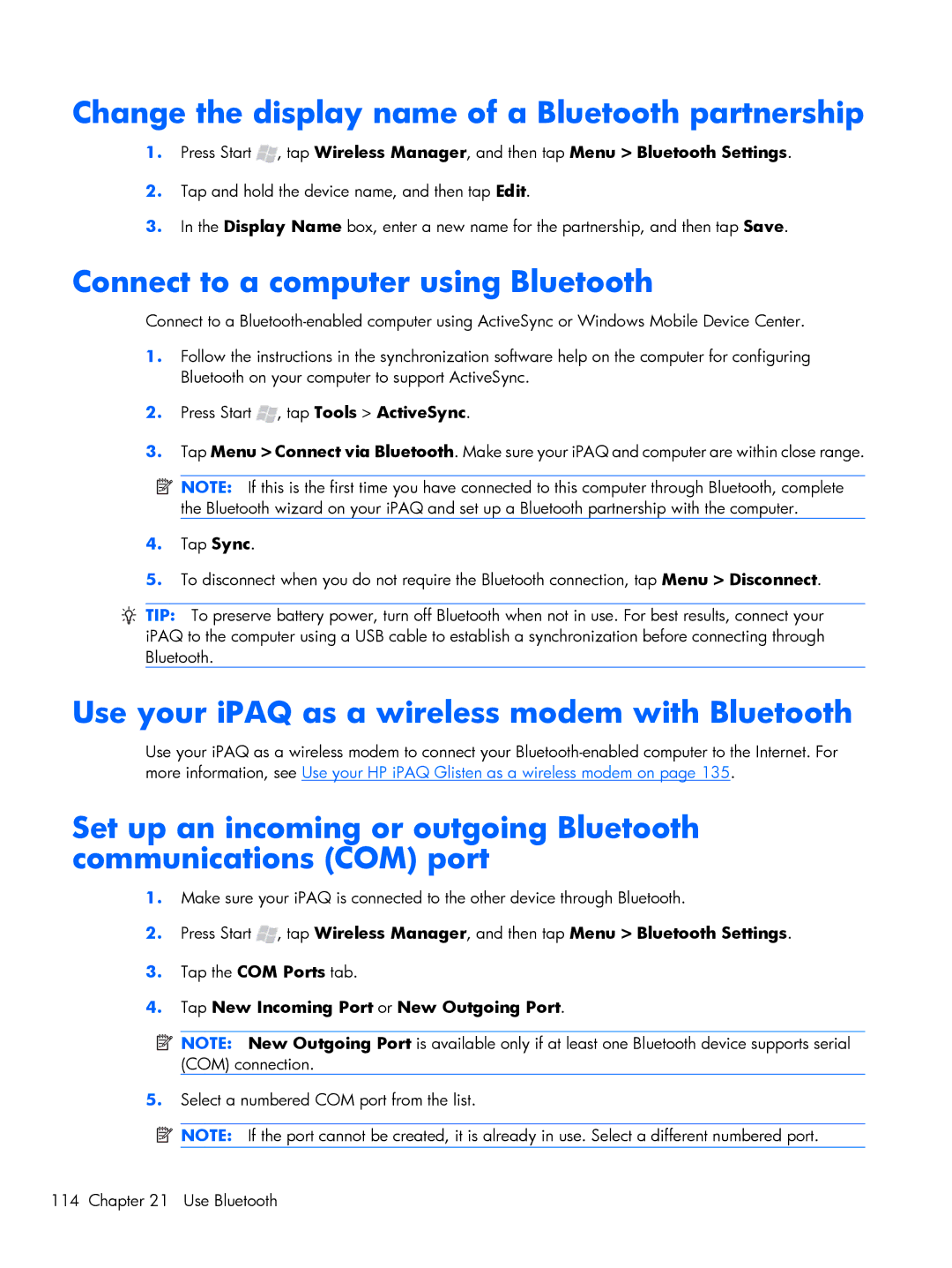 HP Glisten-AT&T manual Change the display name of a Bluetooth partnership, Connect to a computer using Bluetooth 