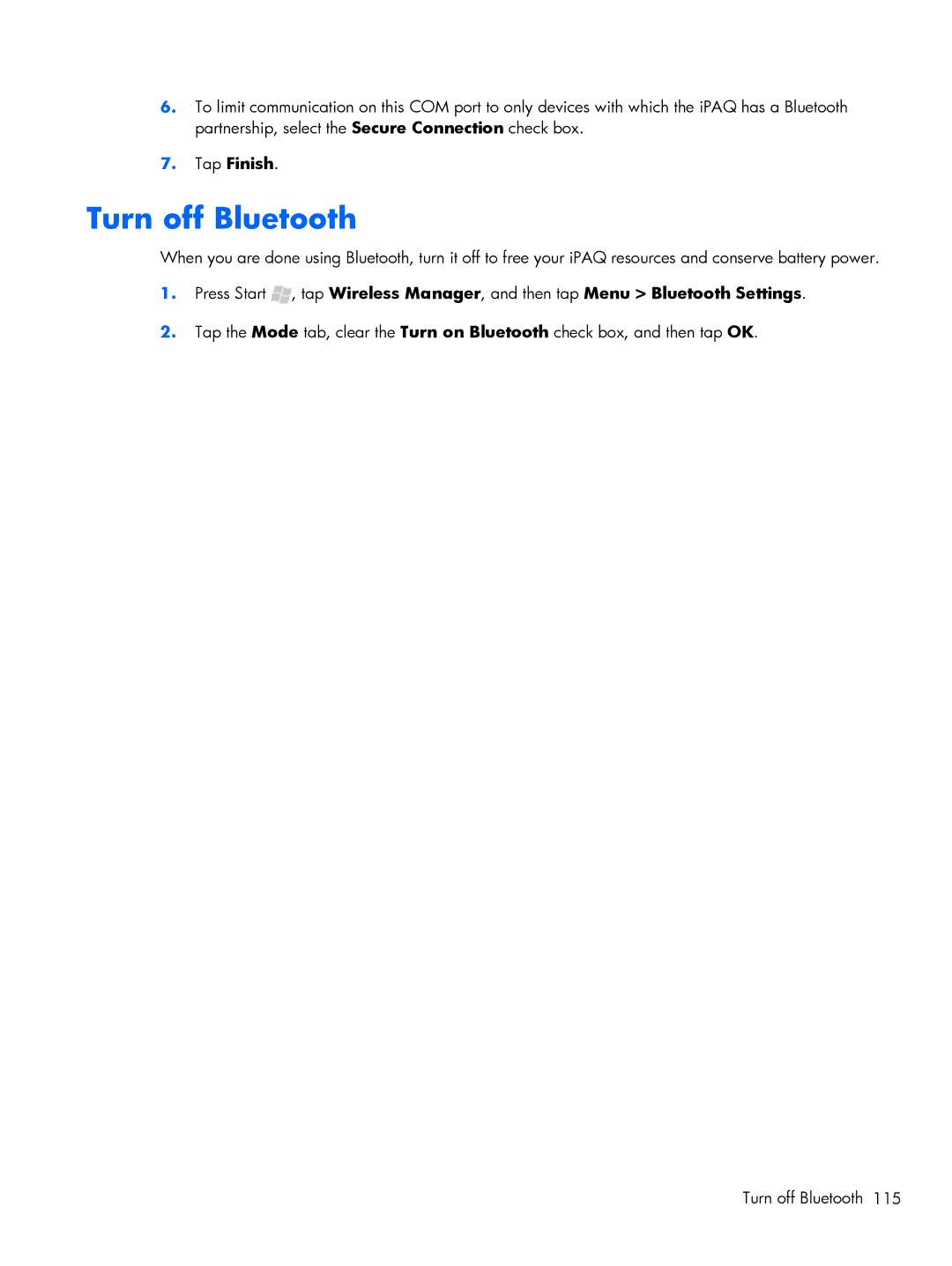 HP Glisten-AT&T manual Turn off Bluetooth, Tap Finish 