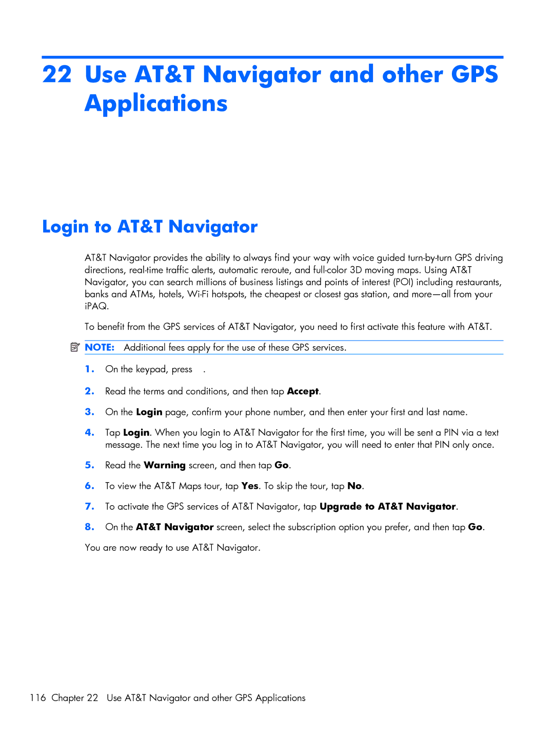 HP Glisten-AT&T manual Use AT&T Navigator and other GPS Applications, Login to AT&T Navigator 