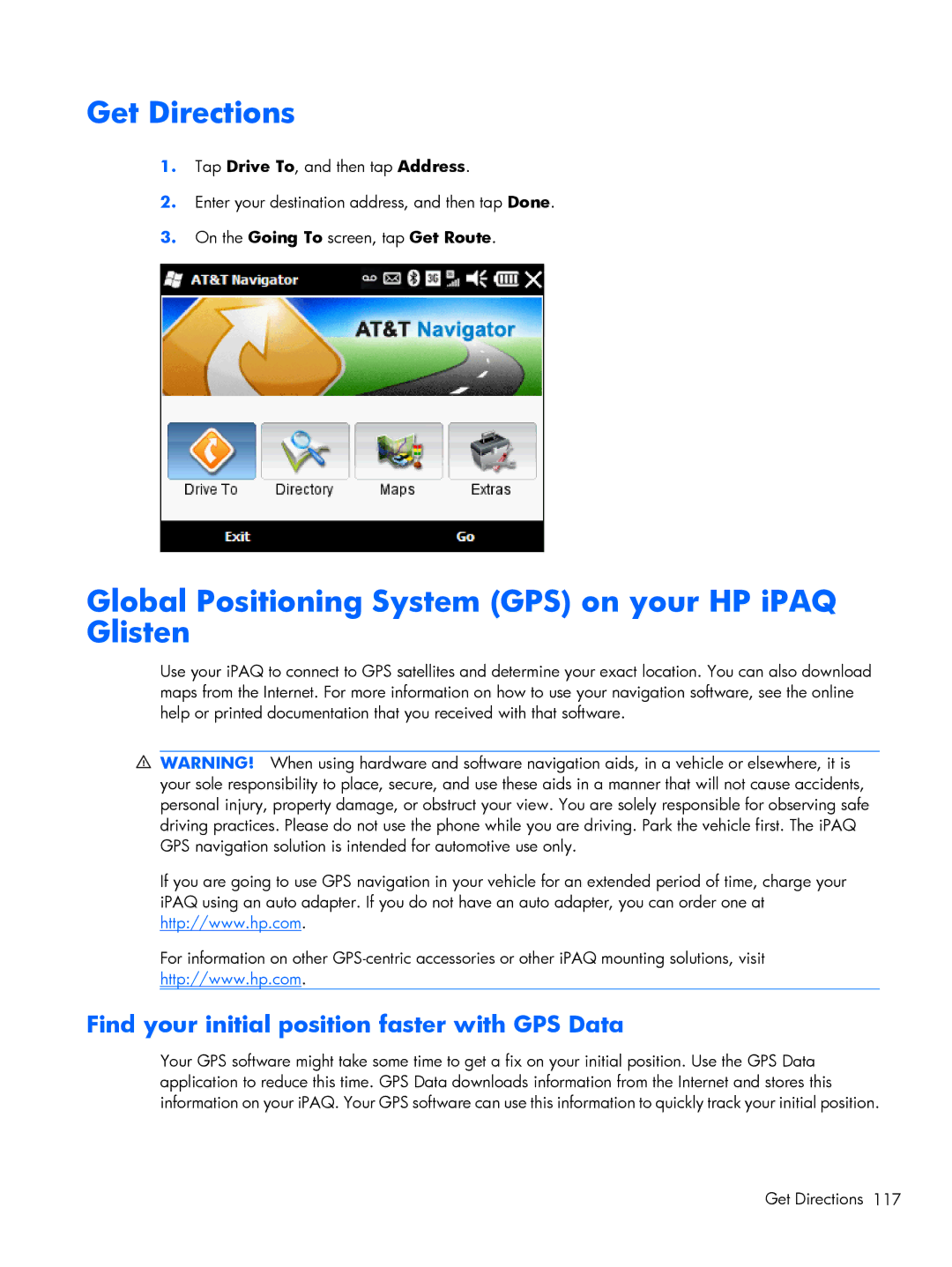 HP Glisten-AT&T manual Get Directions, Global Positioning System GPS on your HP iPAQ Glisten 