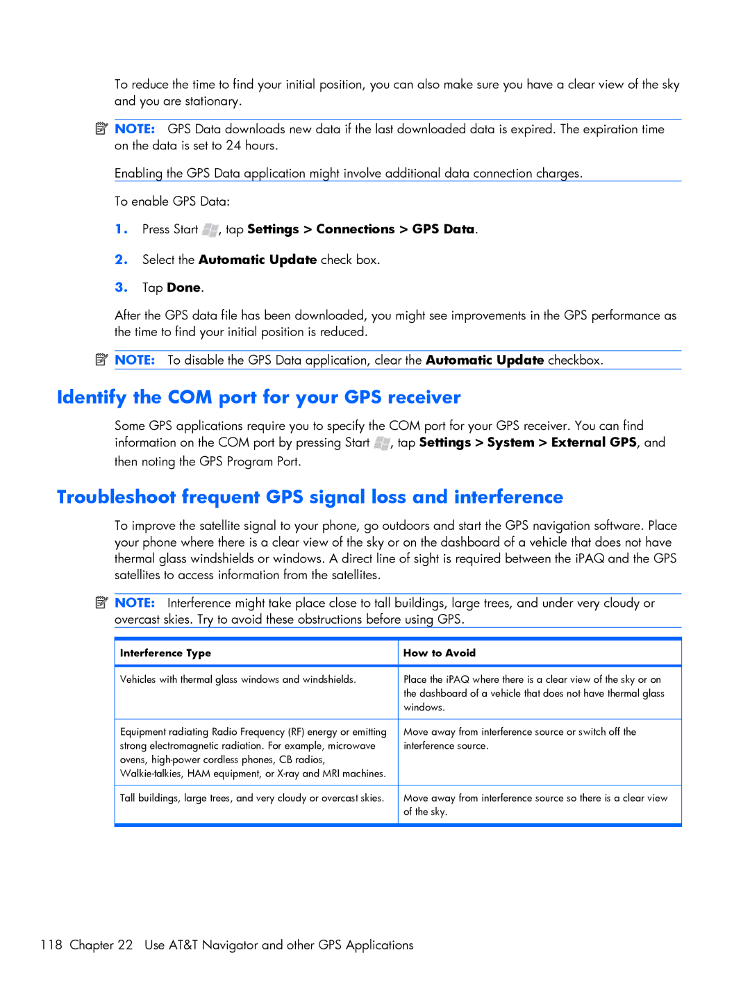 HP Glisten-AT&T manual Identify the COM port for your GPS receiver, Troubleshoot frequent GPS signal loss and interference 