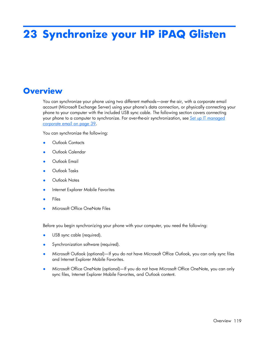 HP Glisten-AT&T manual Synchronize your HP iPAQ Glisten, Overview 