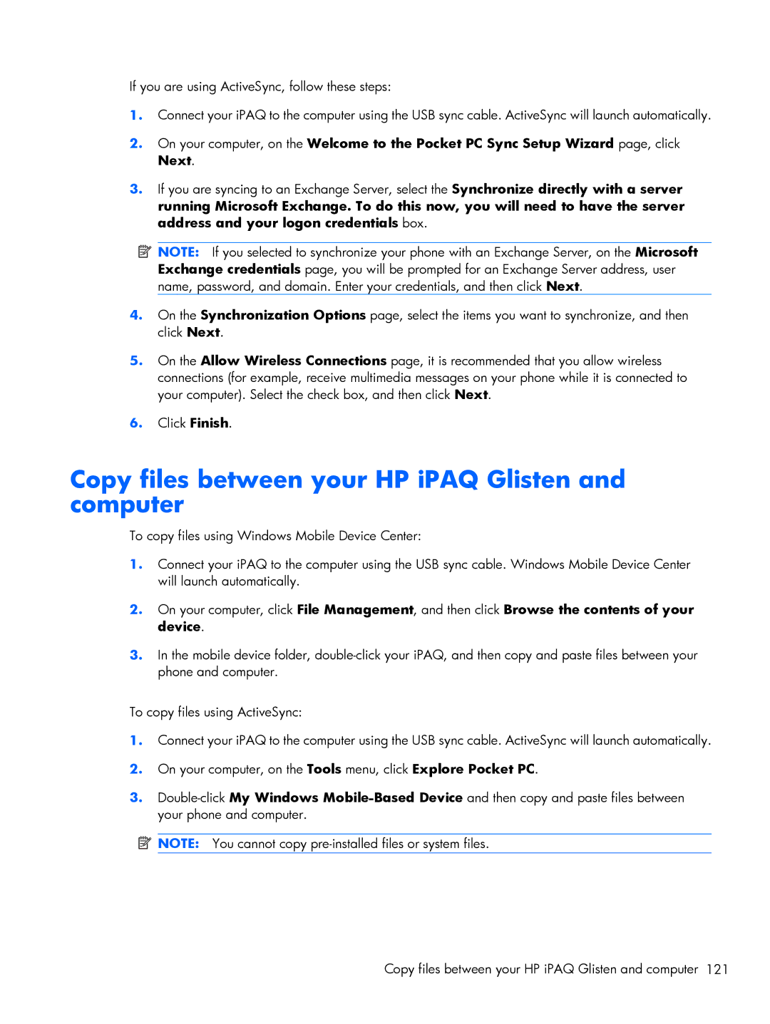 HP Glisten-AT&T manual Copy files between your HP iPAQ Glisten and computer 