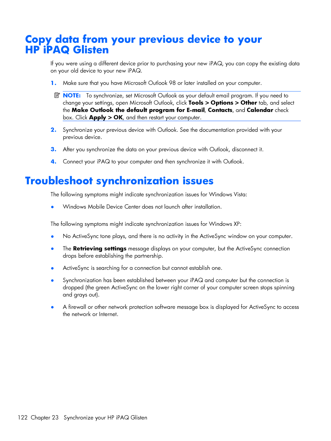HP Glisten-AT&T manual Copy data from your previous device to your HP iPAQ Glisten, Troubleshoot synchronization issues 
