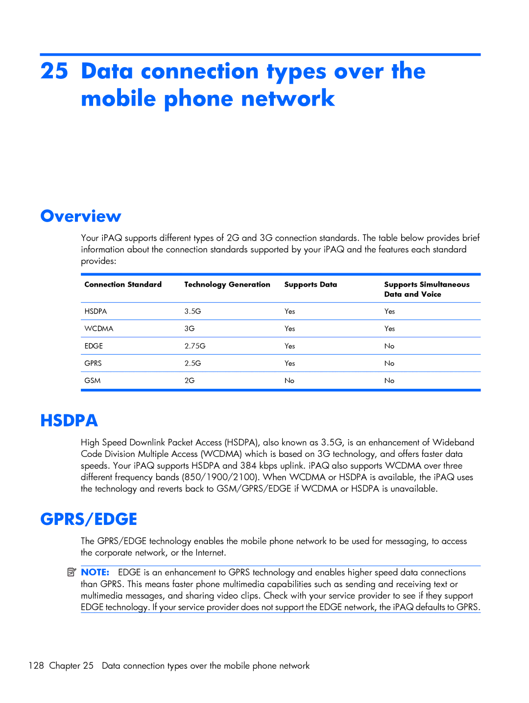 HP Glisten-AT&T manual Data connection types over the mobile phone network, Hsdpa 