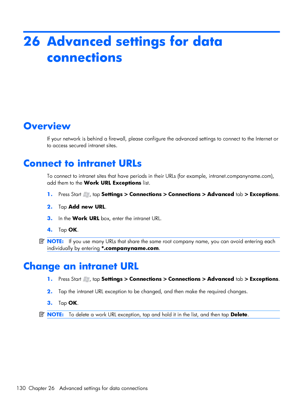 HP Glisten-AT&T manual Advanced settings for data connections, Connect to intranet URLs, Change an intranet URL 