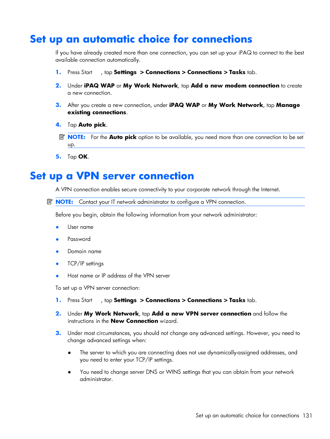 HP Glisten-AT&T manual Set up an automatic choice for connections, Set up a VPN server connection, Tap Auto pick 