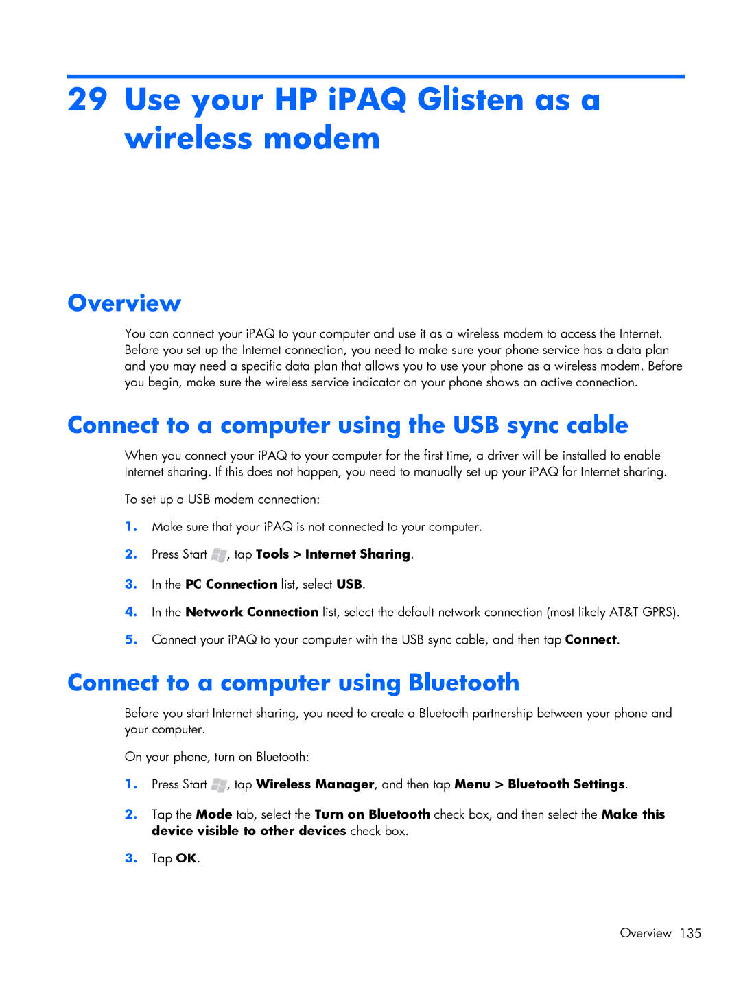 HP Glisten-AT&T manual Use your HP iPAQ Glisten as a wireless modem, Connect to a computer using the USB sync cable 