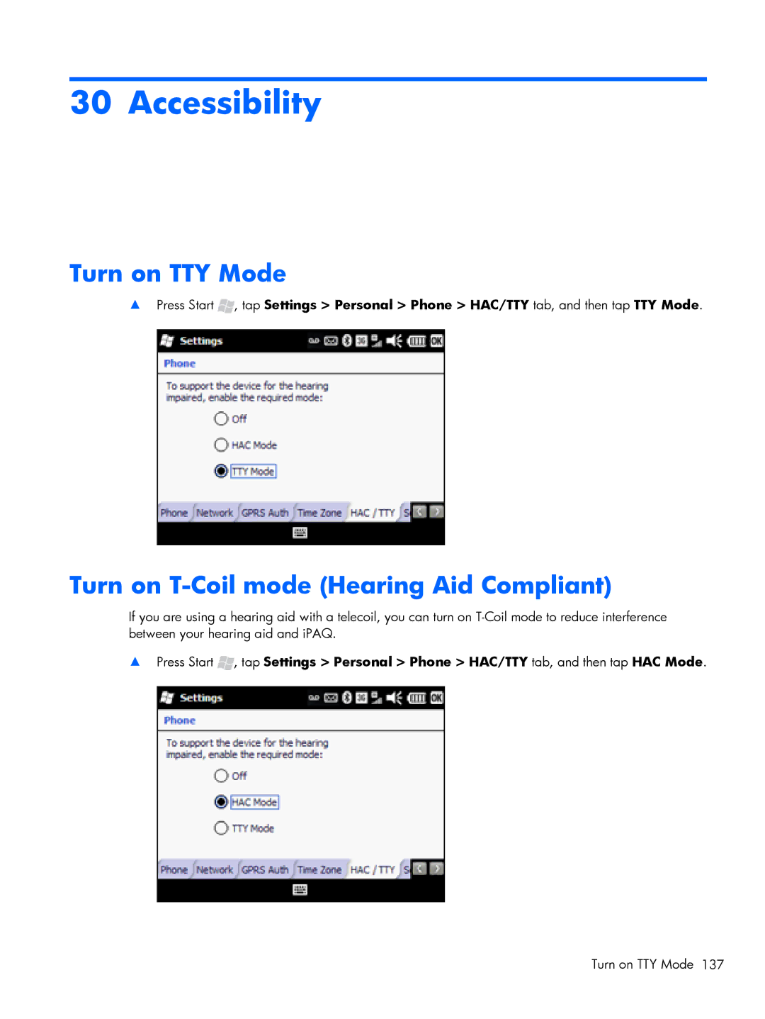 HP Glisten-AT&T manual Accessibility, Turn on TTY Mode, Turn on T-Coil mode Hearing Aid Compliant 