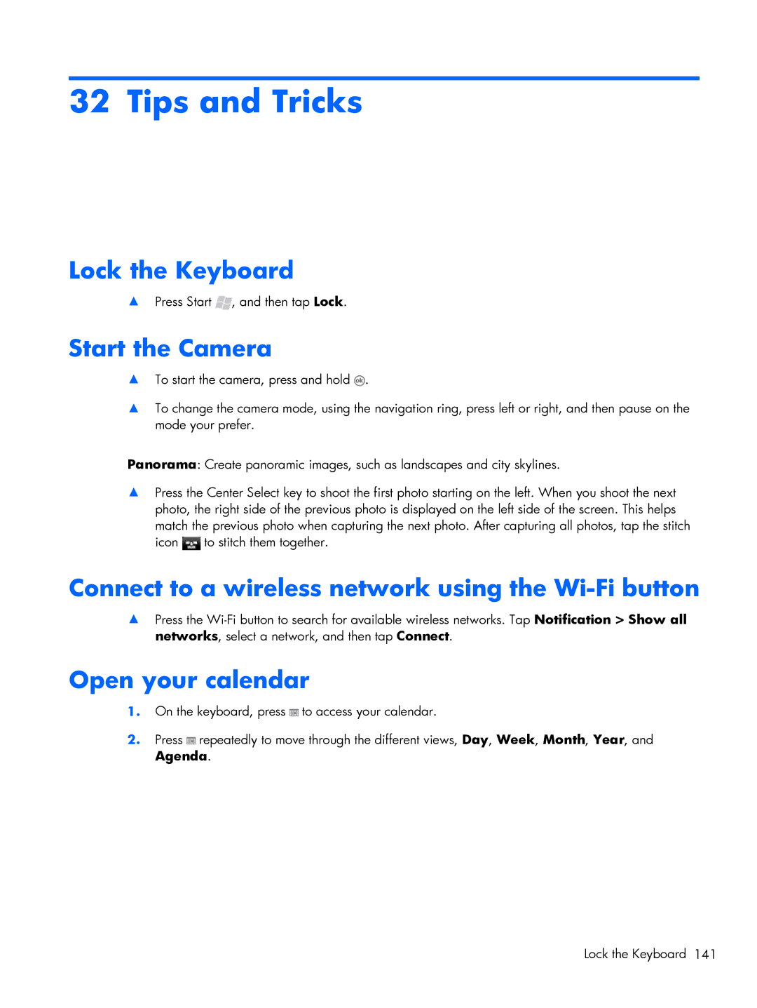 HP Glisten-AT&T Tips and Tricks, Lock the Keyboard, Start the Camera, Connect to a wireless network using the Wi-Fi button 