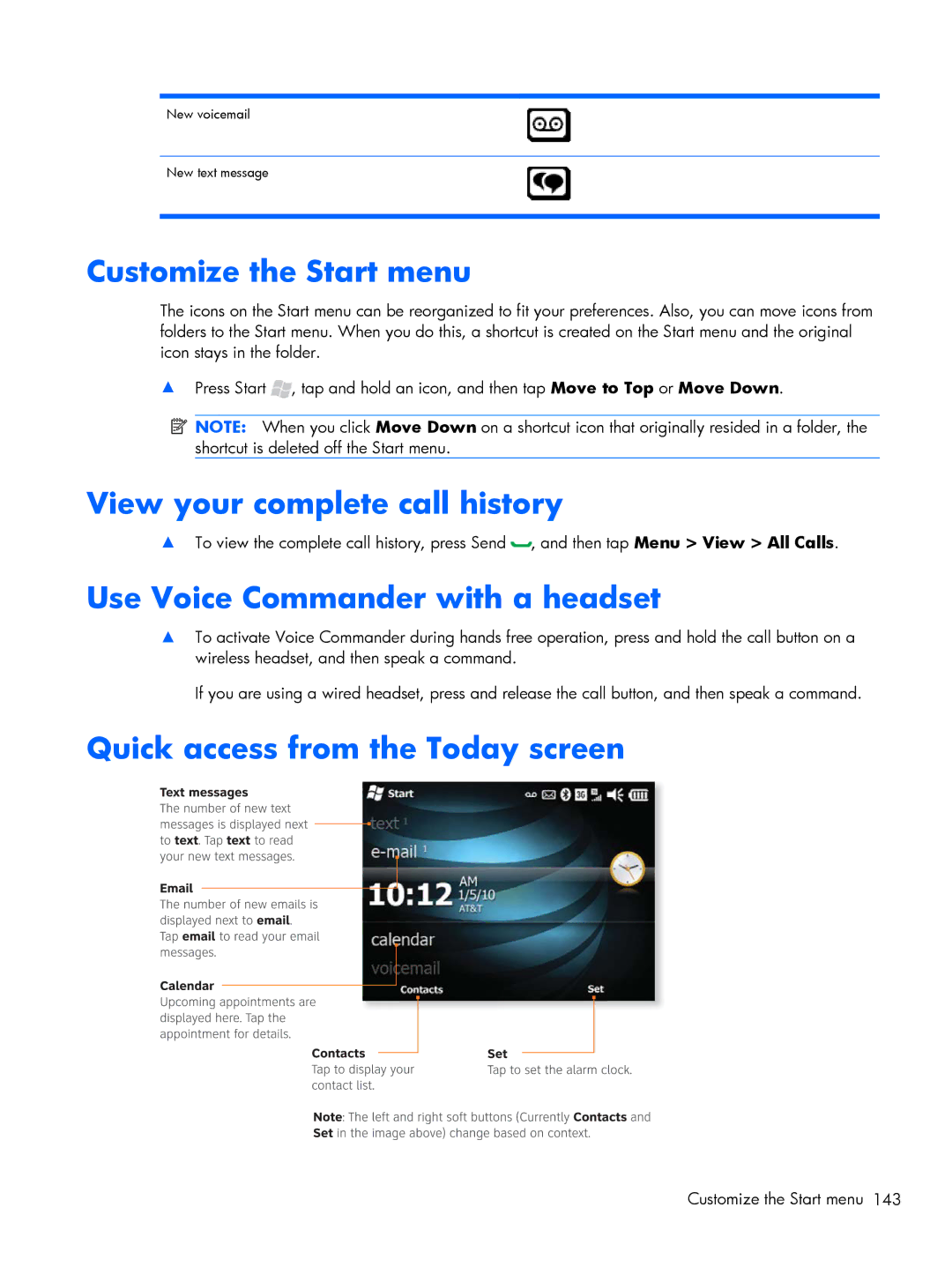 HP Glisten-AT&T manual Customize the Start menu, View your complete call history, Use Voice Commander with a headset 