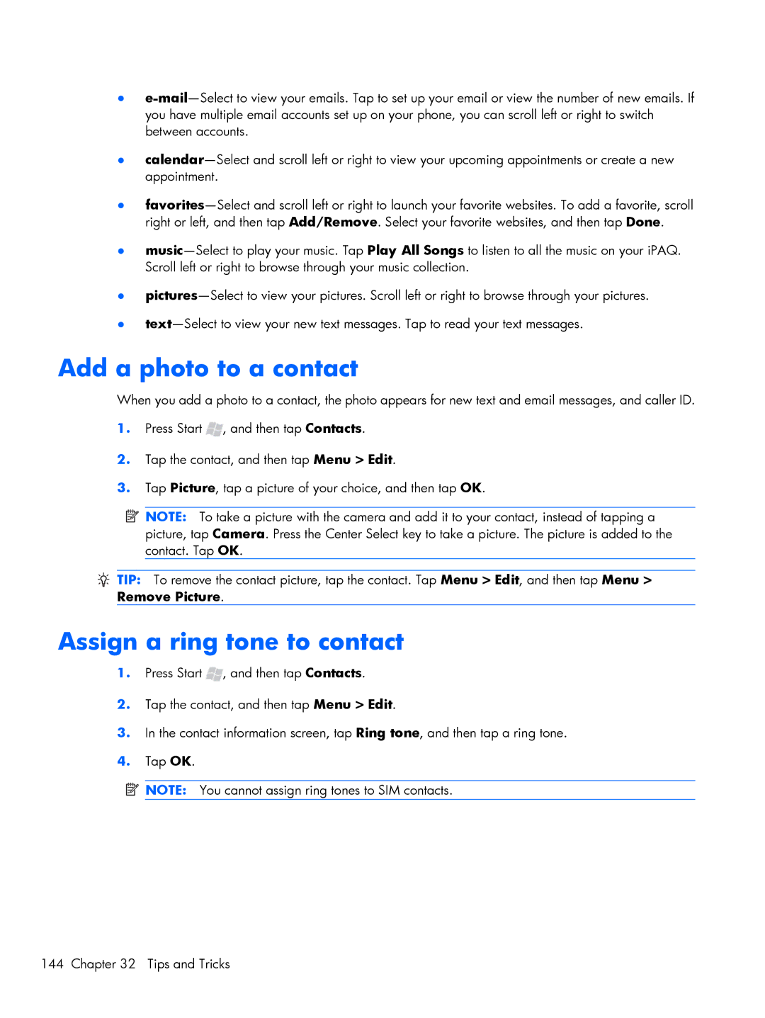 HP Glisten-AT&T manual Add a photo to a contact, Assign a ring tone to contact 