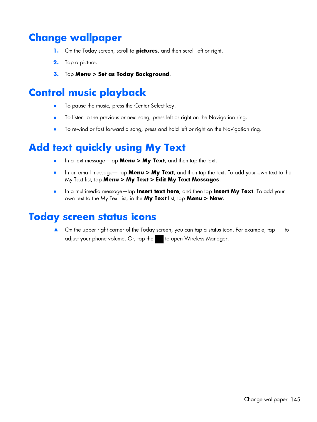 HP Glisten-AT&T manual Change wallpaper, Control music playback, Add text quickly using My Text, Today screen status icons 