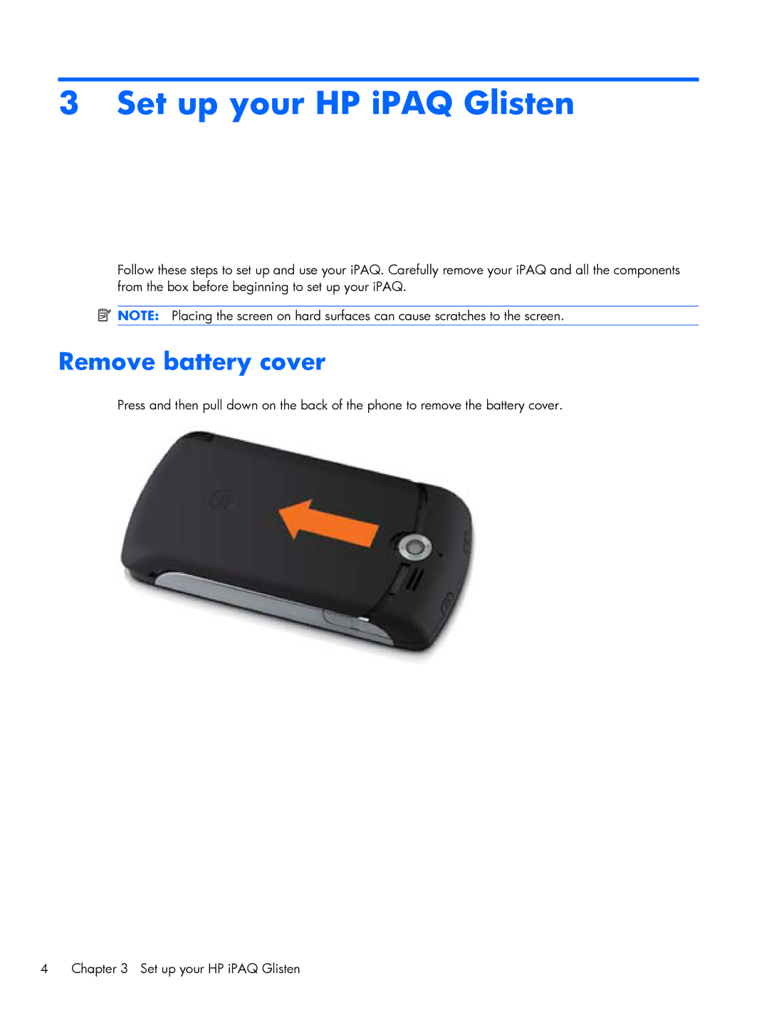 HP Glisten-AT&T manual Set up your HP iPAQ Glisten, Remove battery cover 