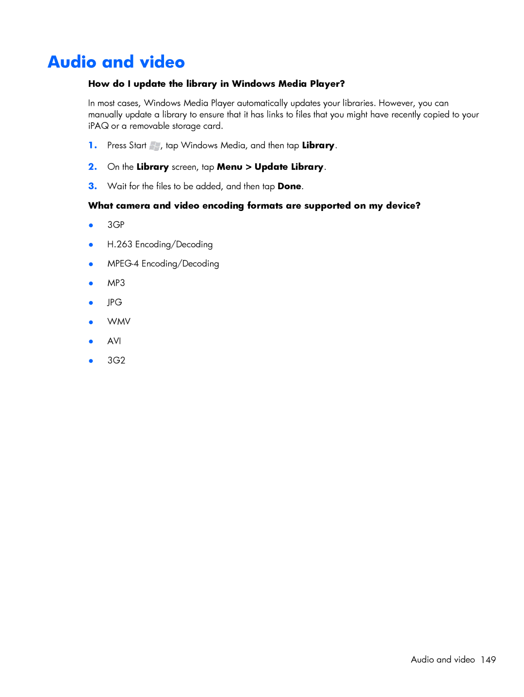 HP Glisten-AT&T manual Audio and video, How do I update the library in Windows Media Player? 