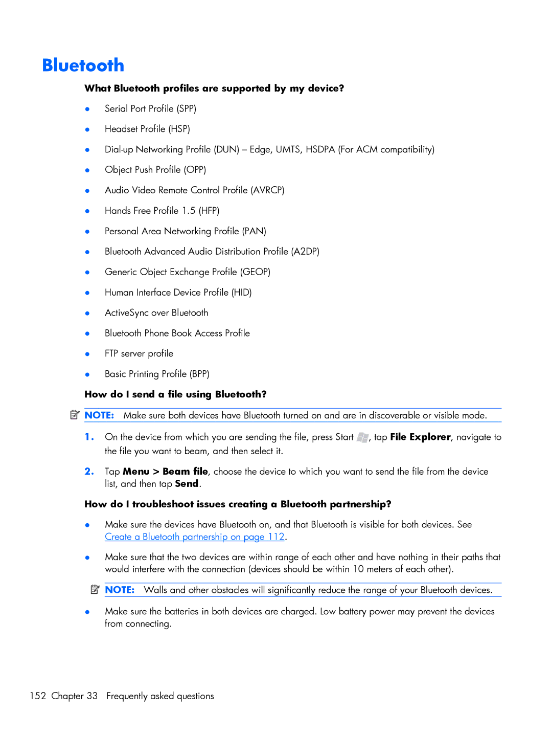 HP Glisten-AT&T manual What Bluetooth profiles are supported by my device?, How do I send a file using Bluetooth? 