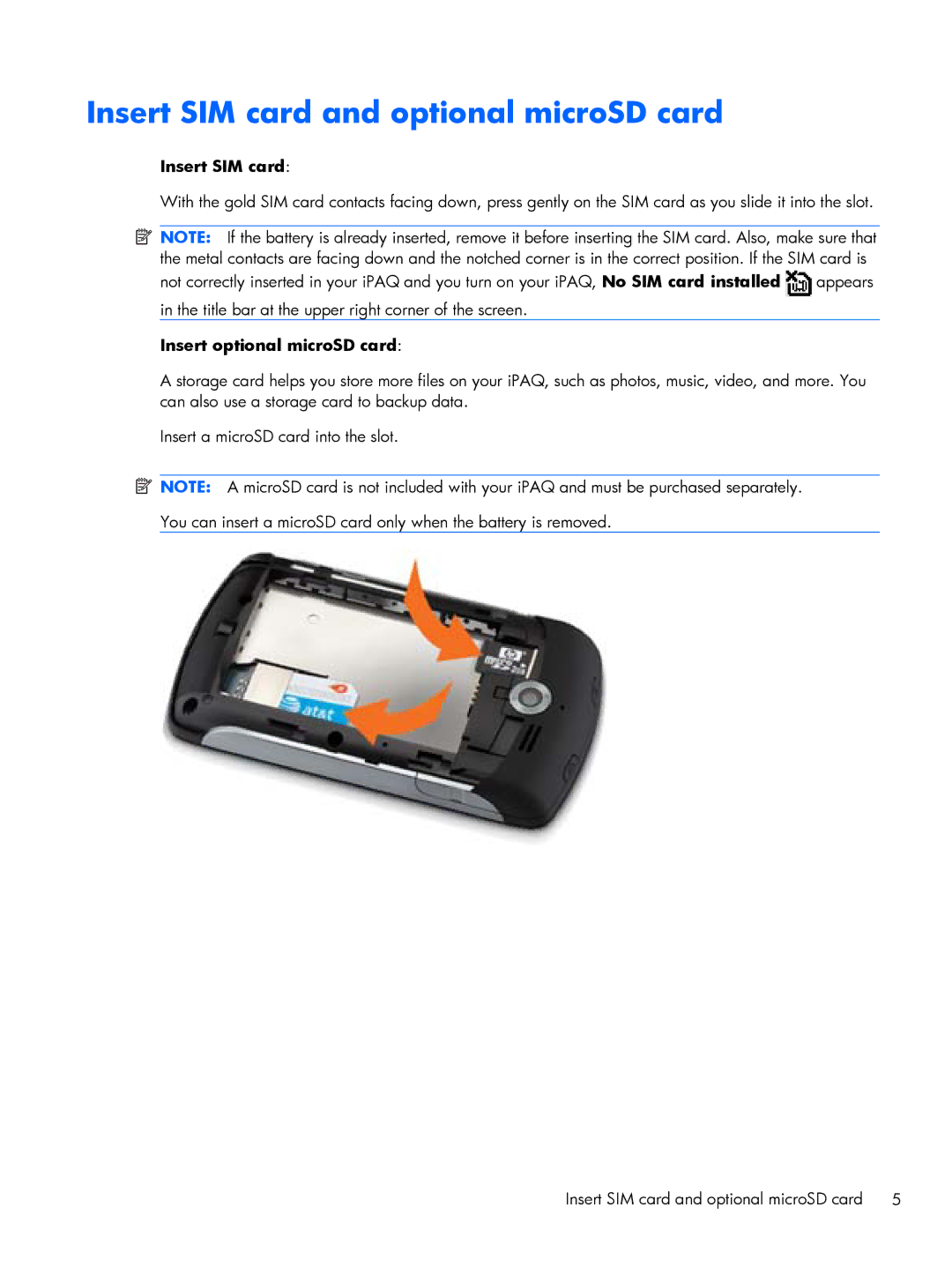 HP Glisten-AT&T manual Insert SIM card and optional microSD card, Insert optional microSD card 