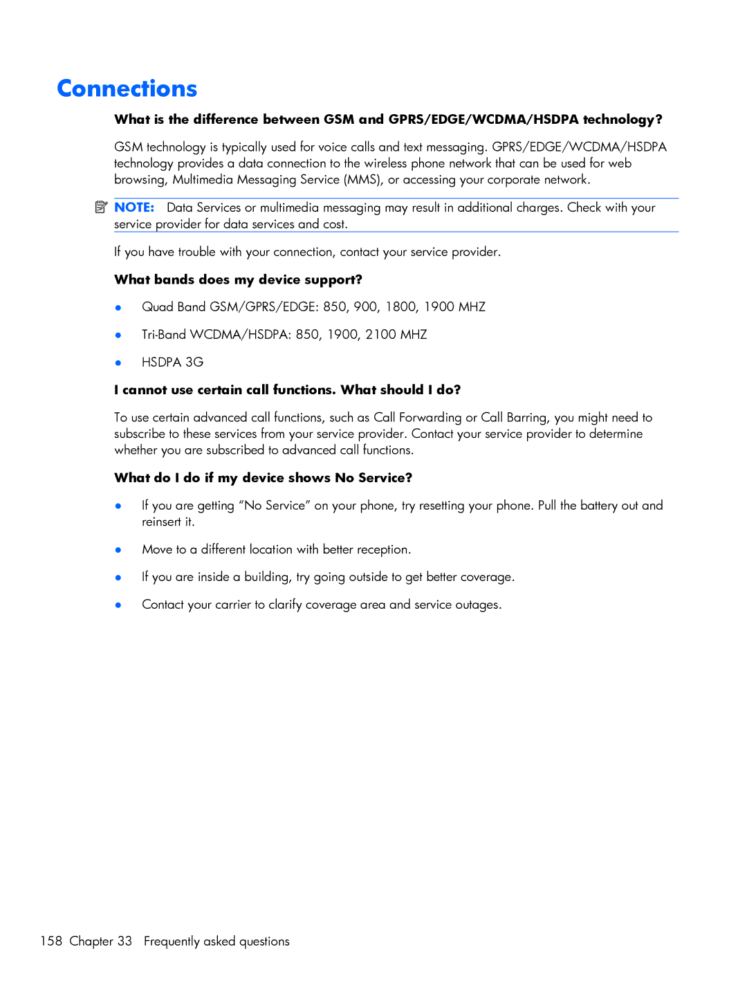 HP Glisten-AT&T Connections, What bands does my device support?, Cannot use certain call functions. What should I do? 