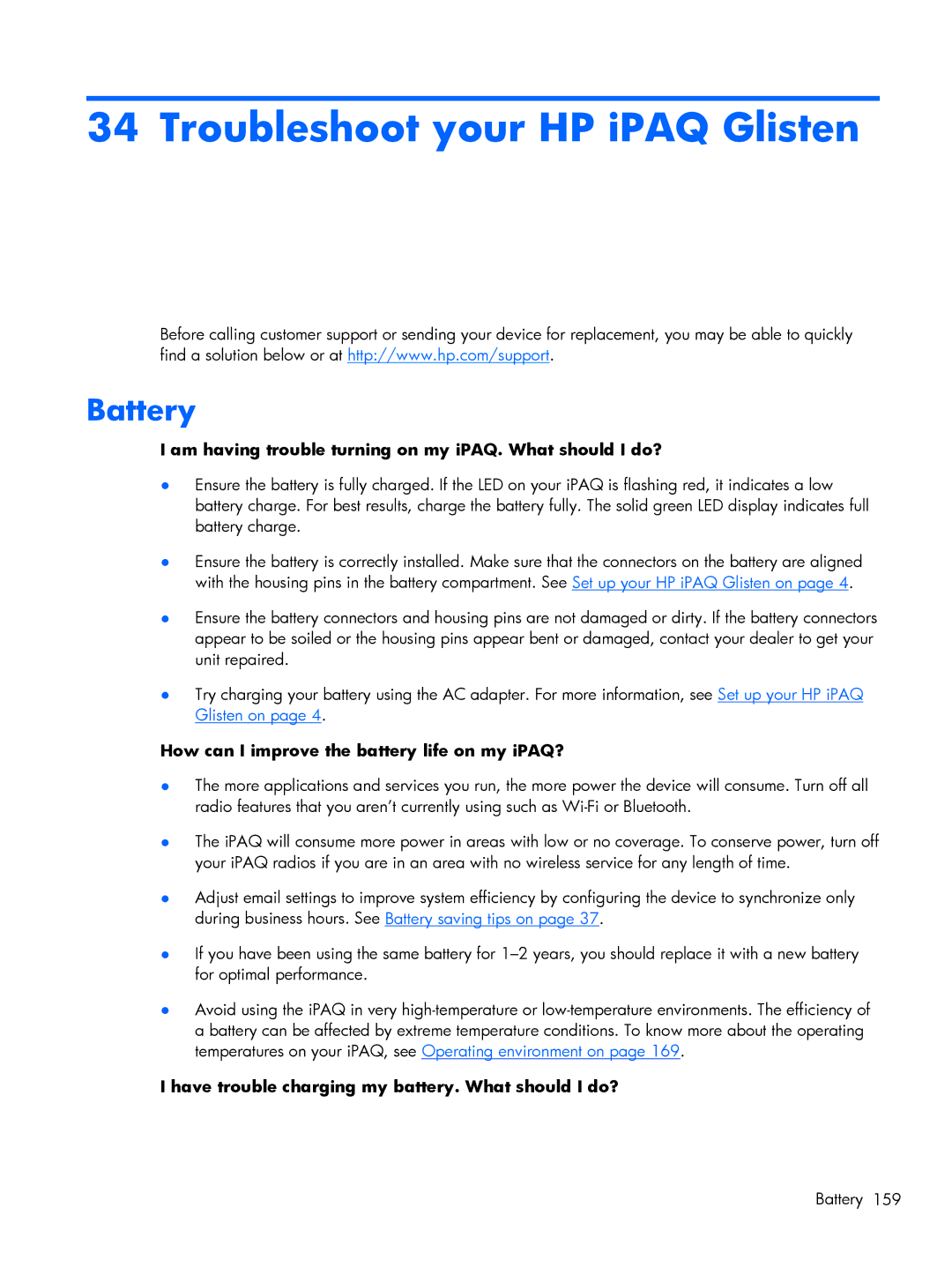 HP Glisten-AT&T manual Troubleshoot your HP iPAQ Glisten, How can I improve the battery life on my iPAQ? 