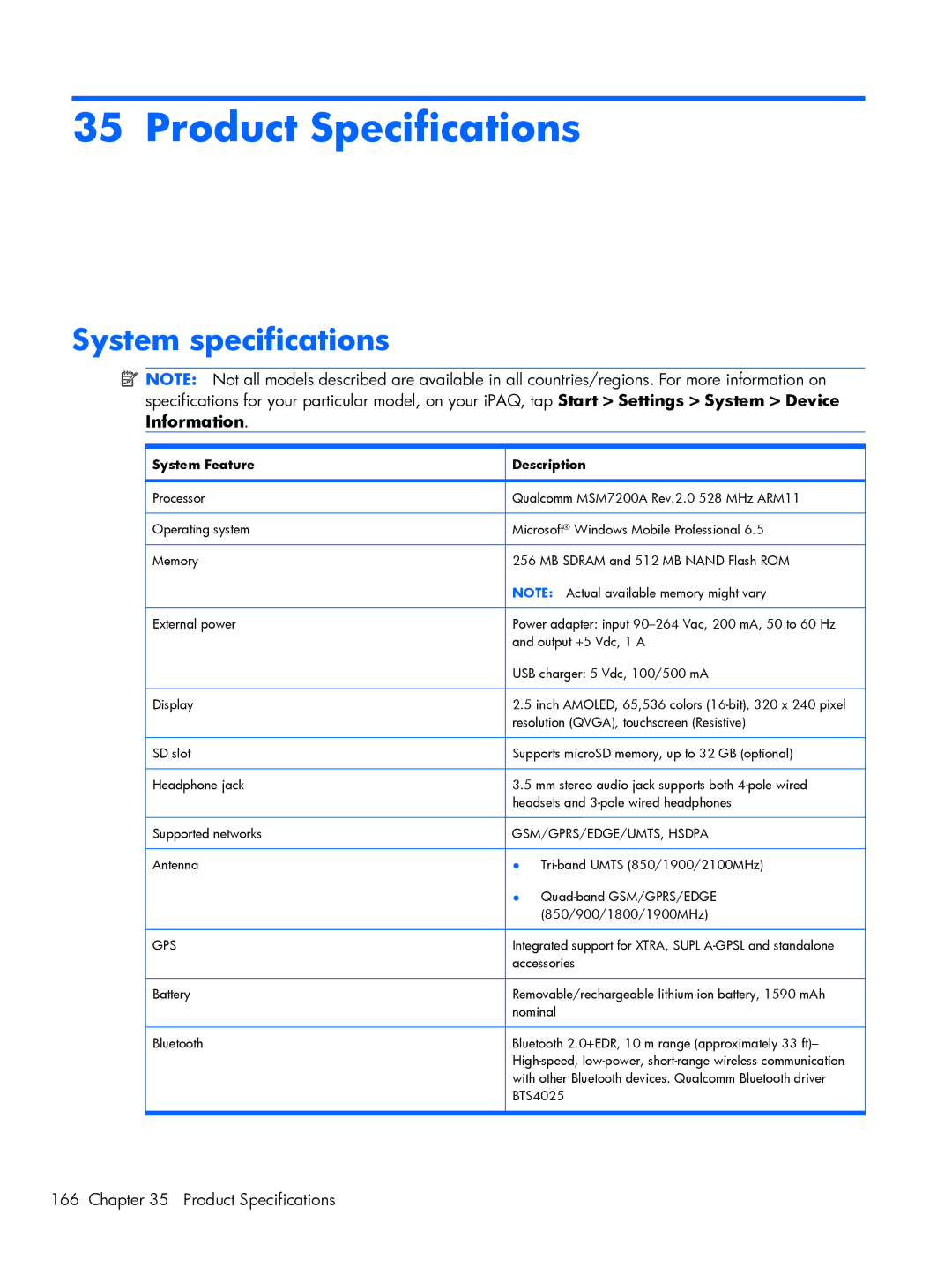 HP Glisten-AT&T manual Product Specifications, System specifications 