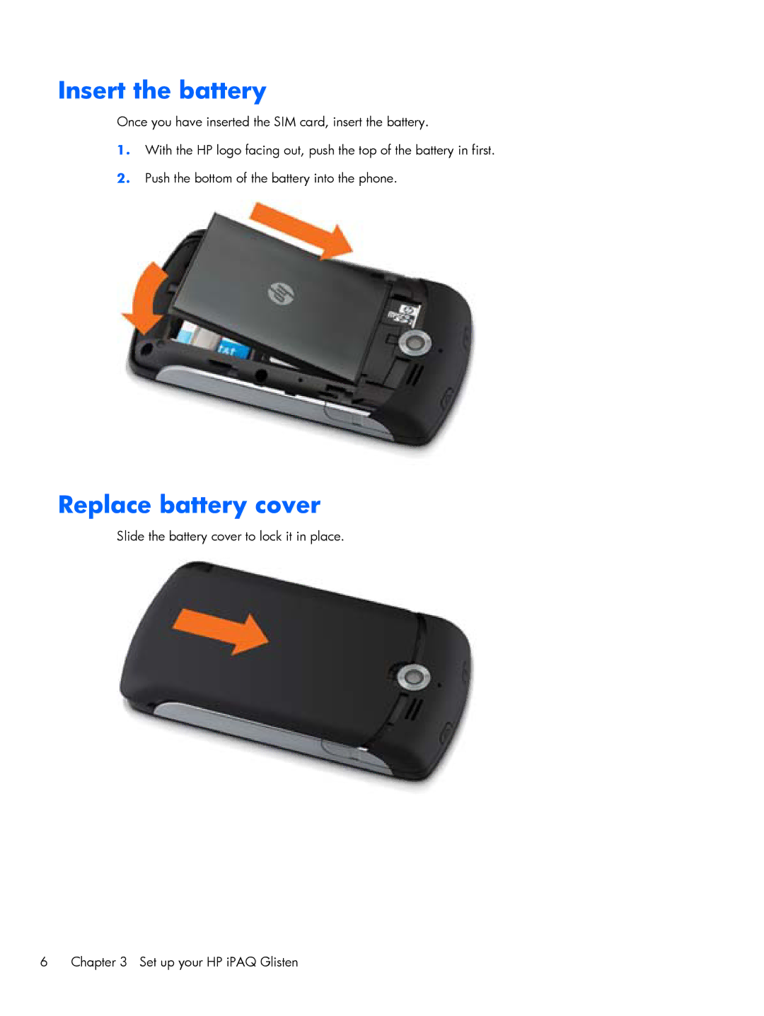 HP Glisten-AT&T manual Insert the battery, Replace battery cover 