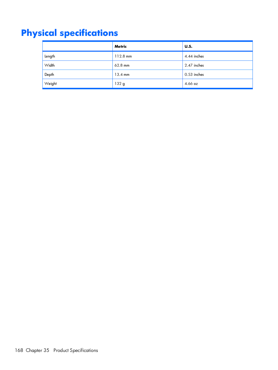 HP Glisten-AT&T manual Physical specifications 