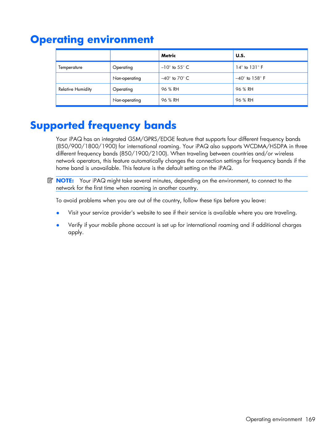 HP Glisten-AT&T manual Operating environment, Supported frequency bands 