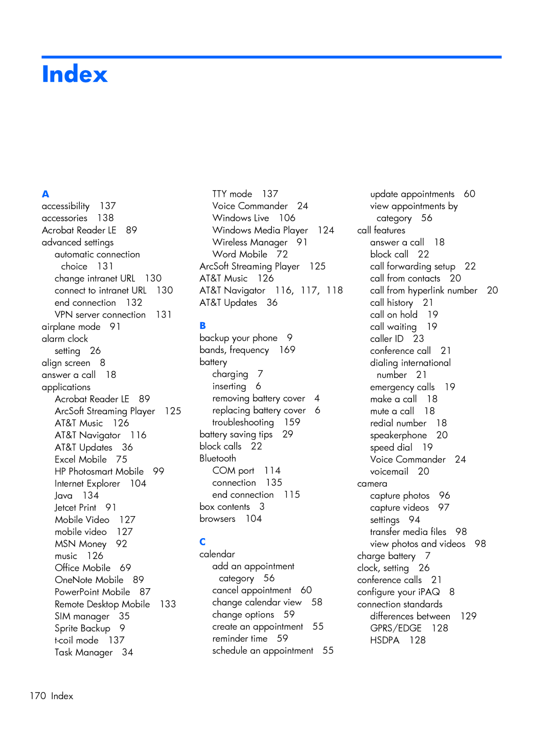 HP Glisten-AT&T manual Index 