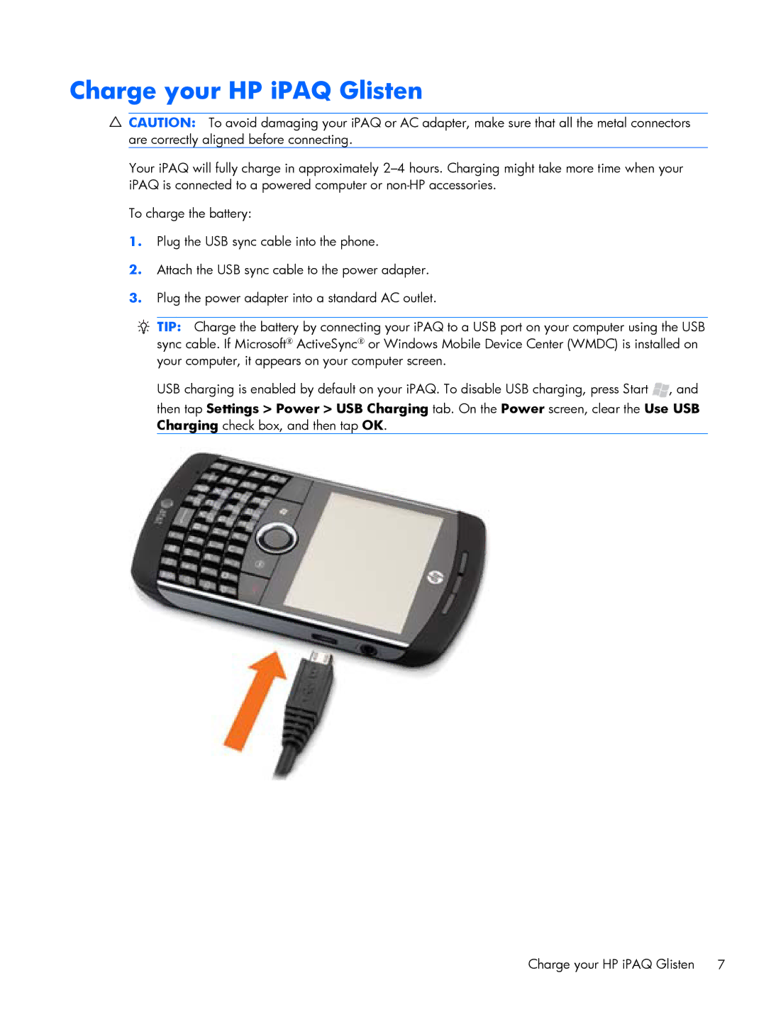 HP Glisten-AT&T manual Charge your HP iPAQ Glisten 