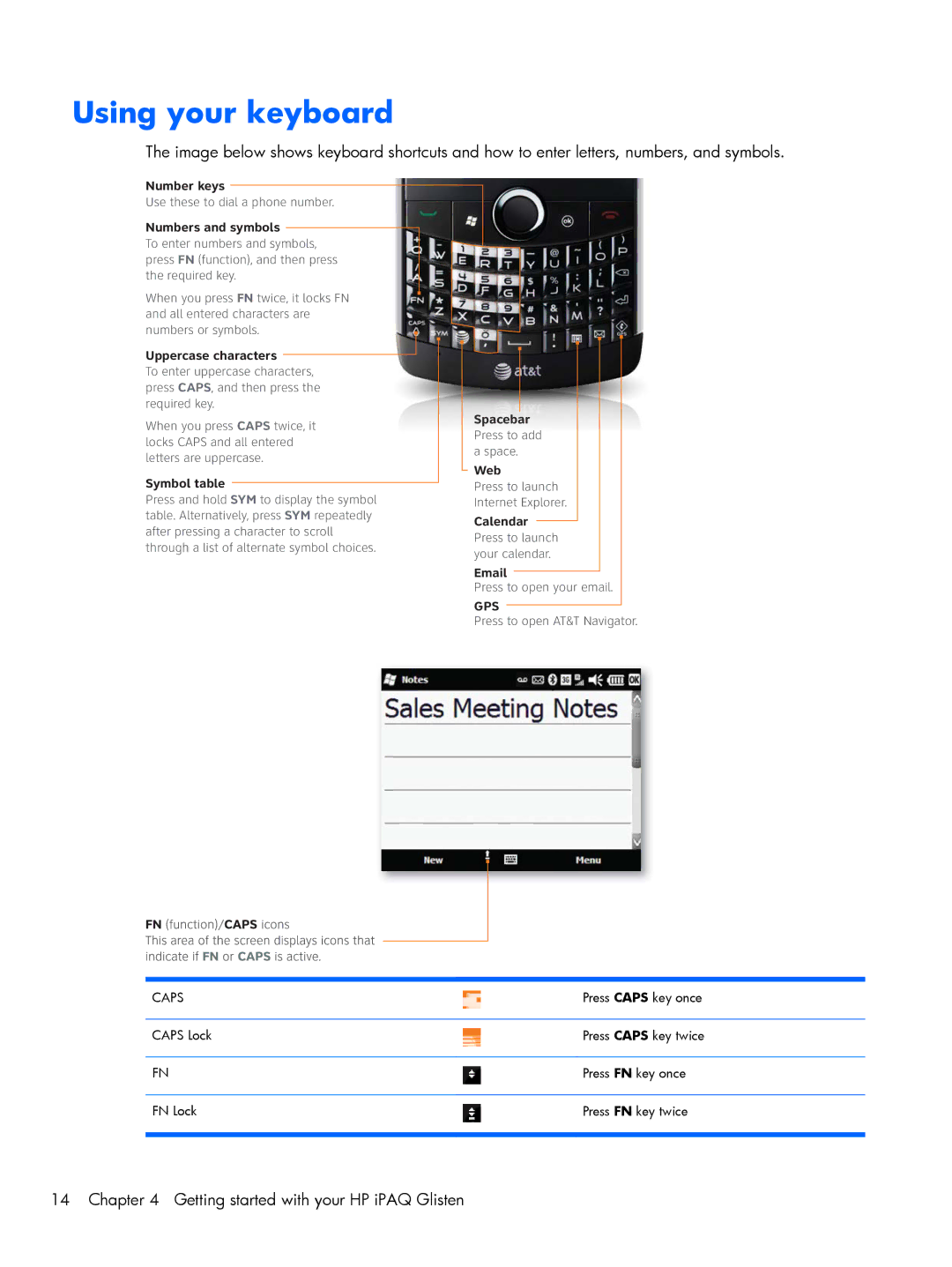 HP Glisten-AT&T manual Using your keyboard, Numbers and symbols 