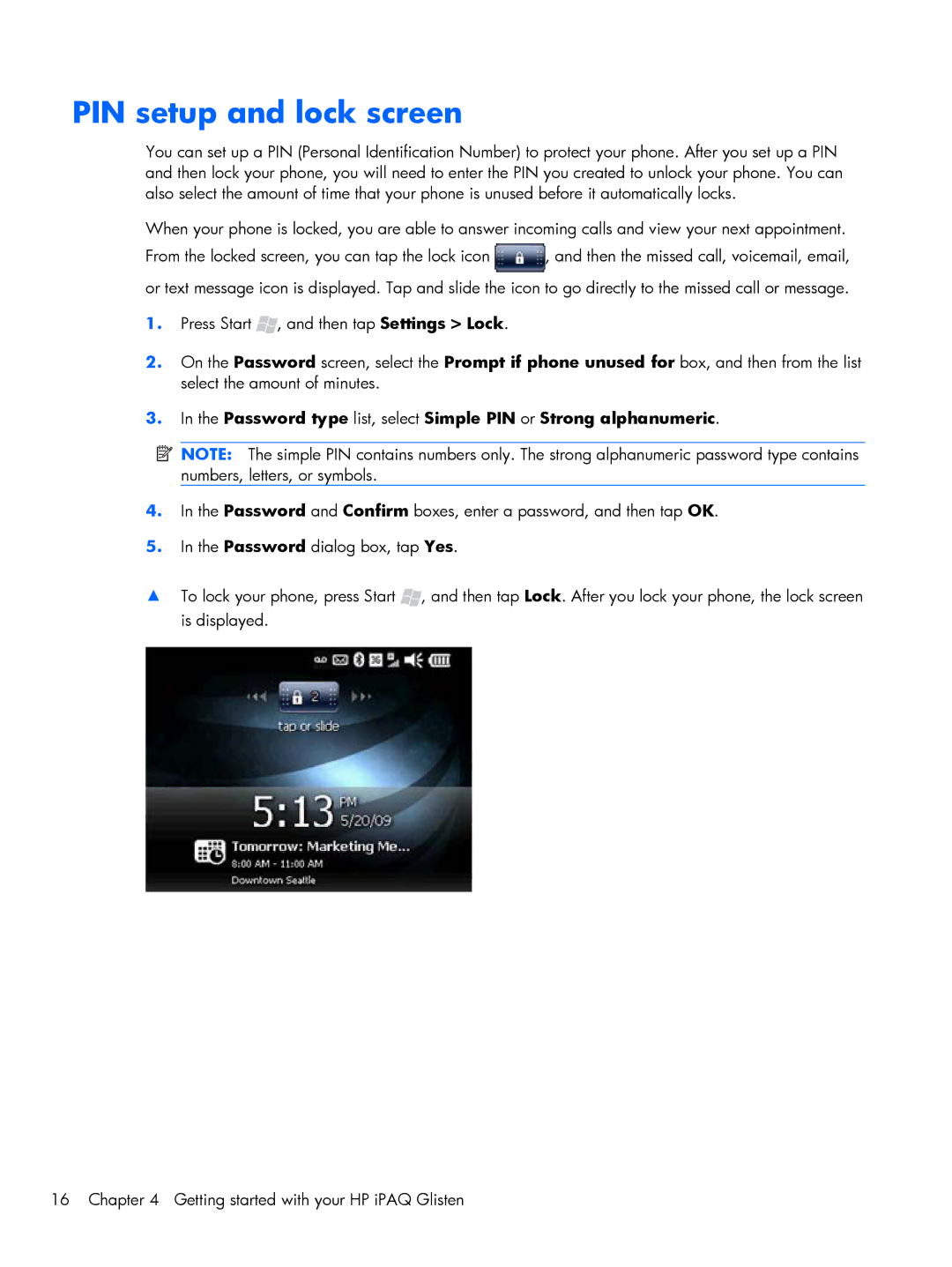 HP Glisten-AT&T manual PIN setup and lock screen, Password type list, select Simple PIN or Strong alphanumeric 