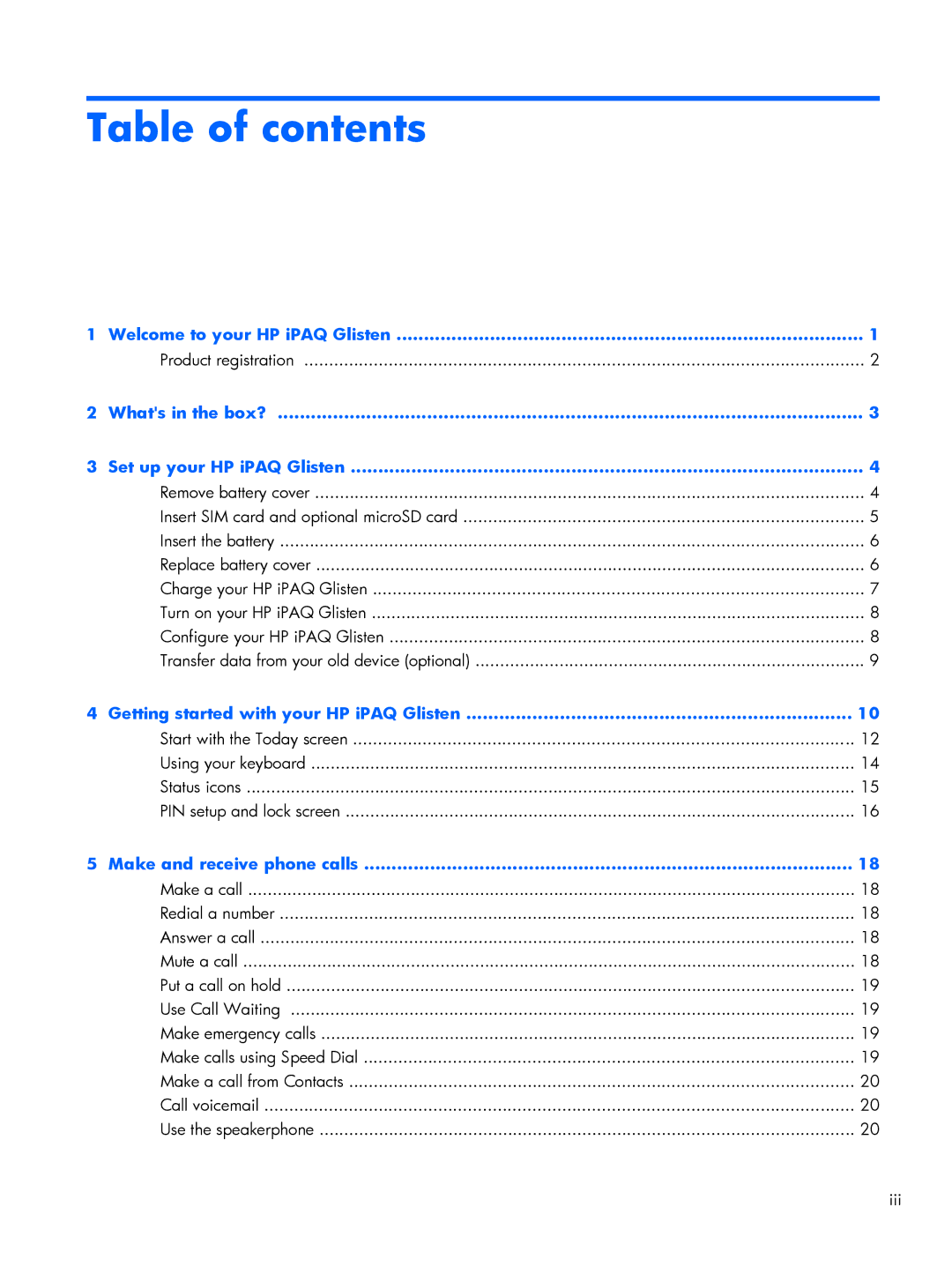 HP Glisten-AT&T manual Table of contents 