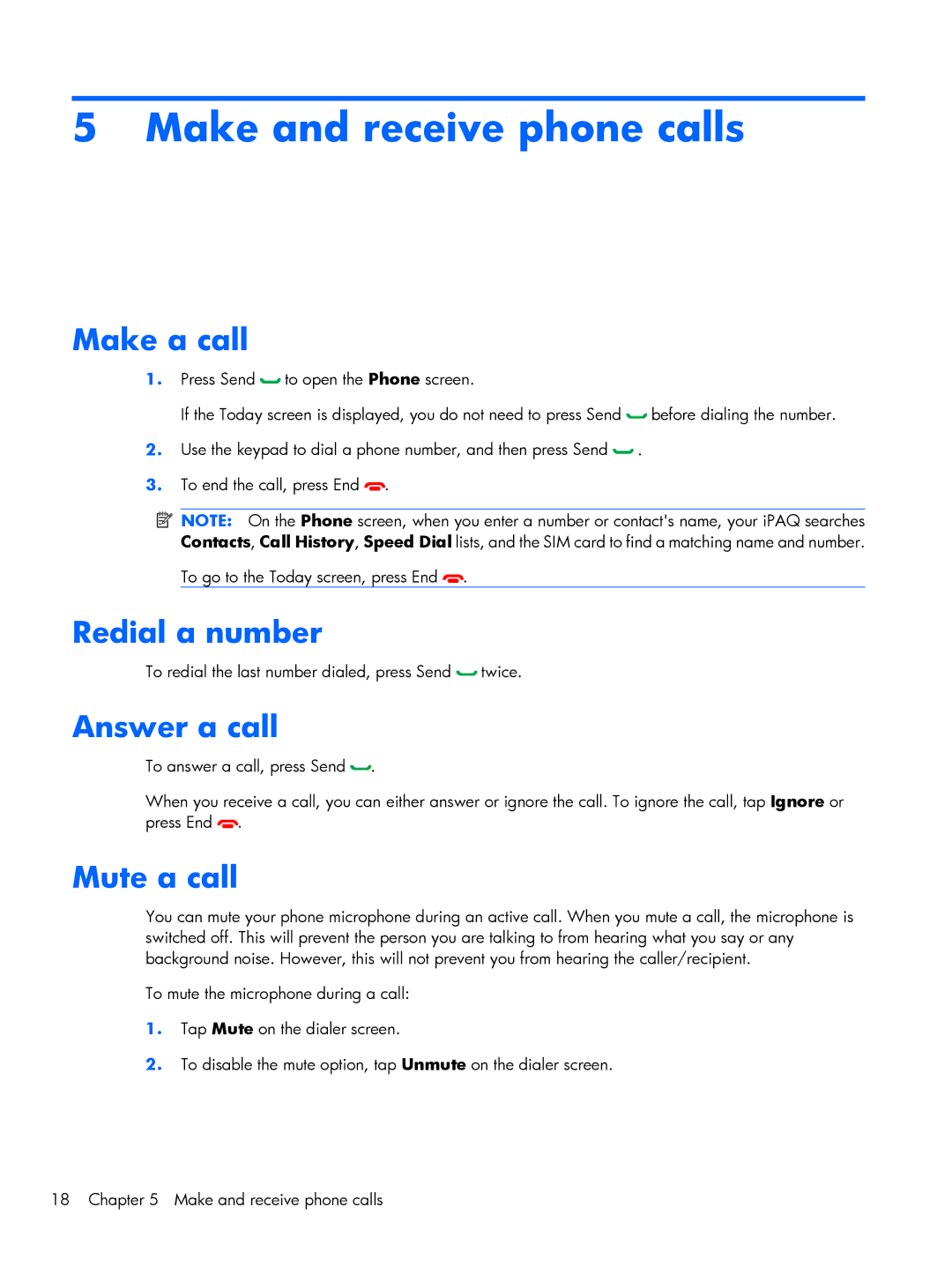 HP Glisten-AT&T manual Make and receive phone calls, Make a call, Redial a number, Answer a call, Mute a call 