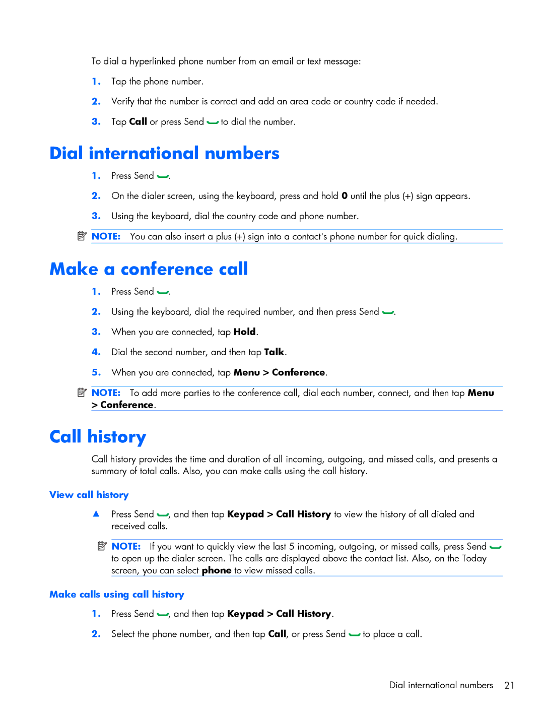 HP Glisten-AT&T manual Dial international numbers, Make a conference call, Call history, View call history 