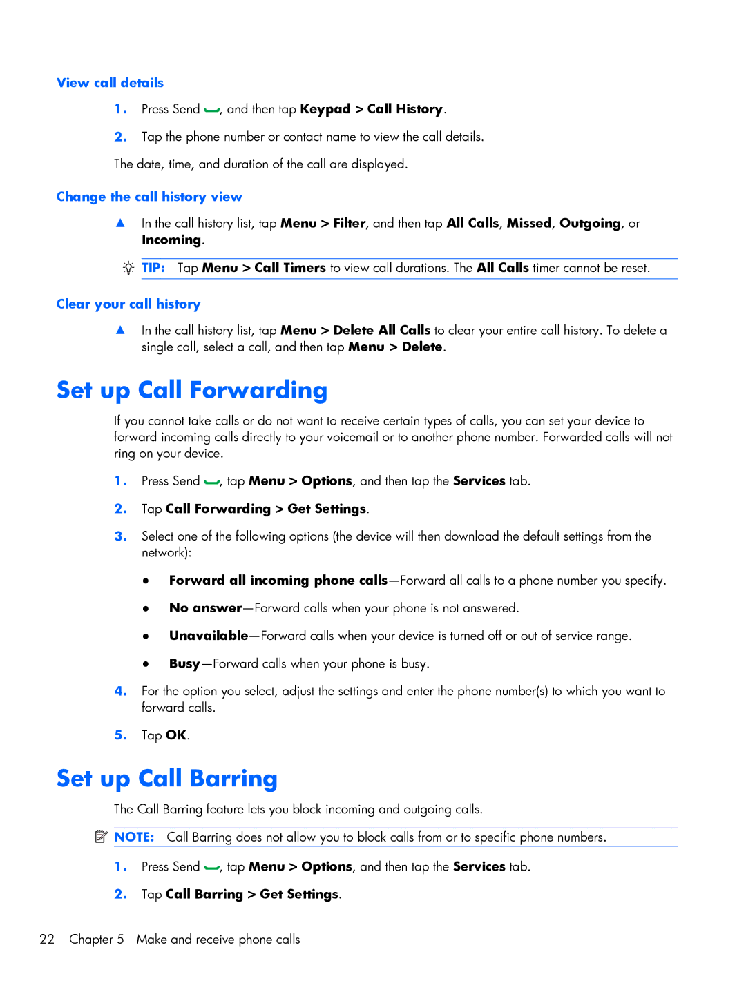 HP Glisten-AT&T manual Set up Call Forwarding, Set up Call Barring, View call details, Change the call history view 