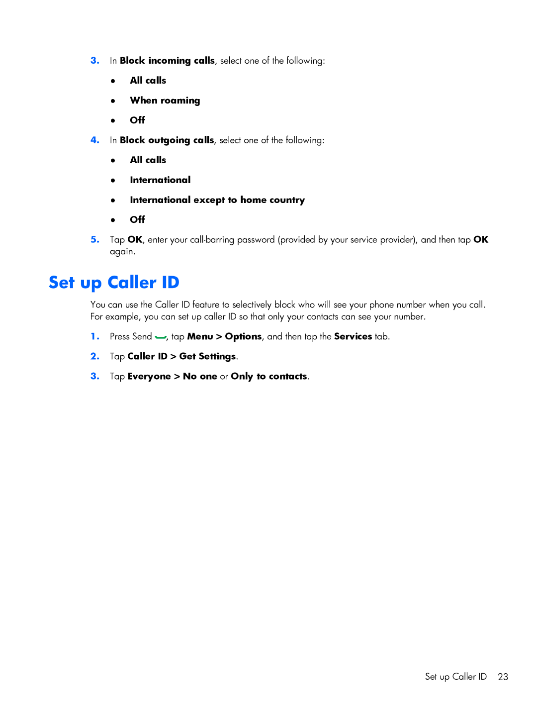 HP Glisten-AT&T manual Set up Caller ID, All calls When roaming Off 