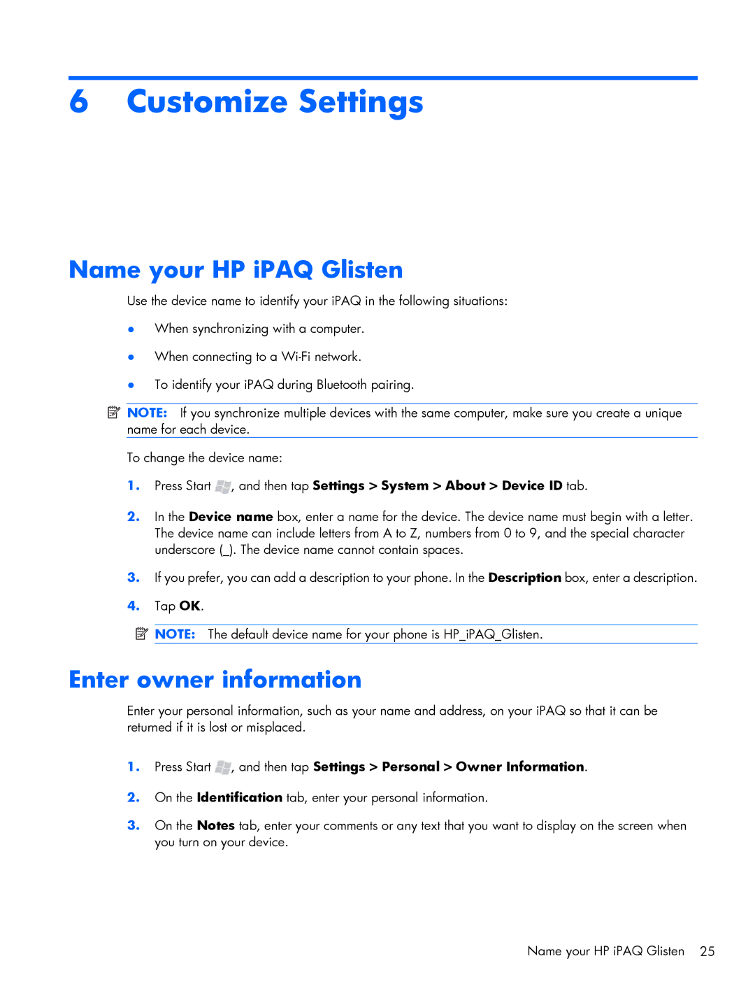 HP Glisten-AT&T manual Customize Settings, Name your HP iPAQ Glisten, Enter owner information 