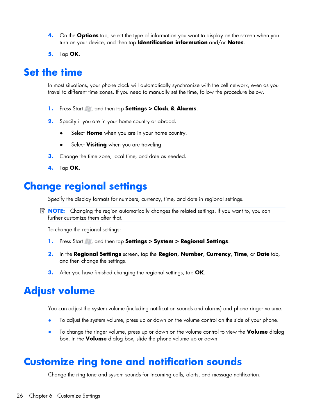 HP Glisten-AT&T manual Set the time, Change regional settings, Adjust volume, Customize ring tone and notification sounds 