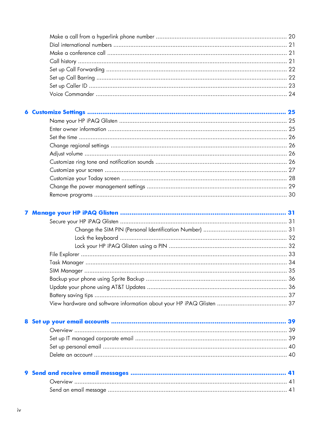 HP Glisten-AT&T manual Customize Settings, Manage your HP iPAQ Glisten, Set up your email accounts 