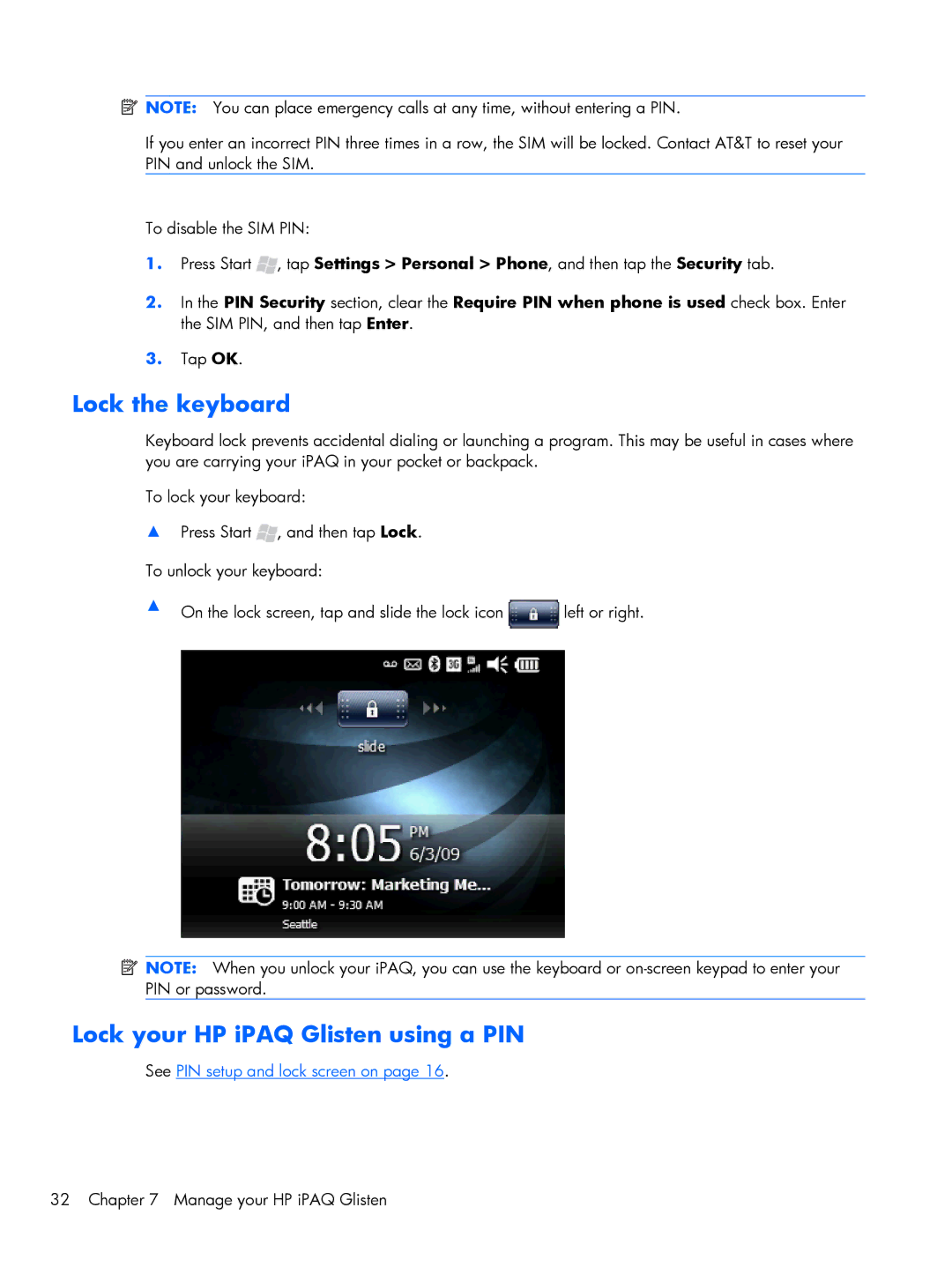 HP Glisten-AT&T manual Lock the keyboard, Lock your HP iPAQ Glisten using a PIN 