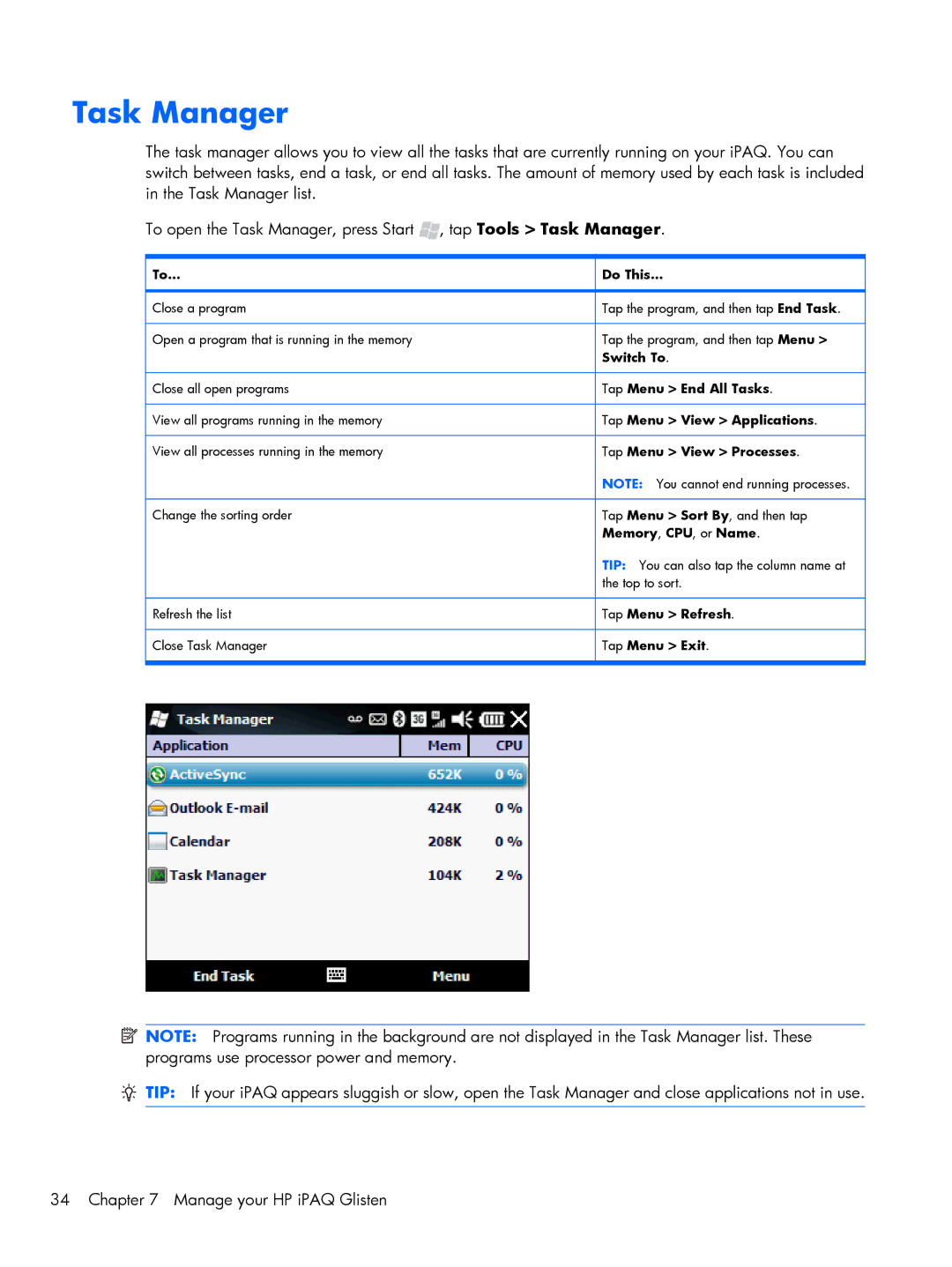 HP Glisten-AT&T manual Task Manager, To… 