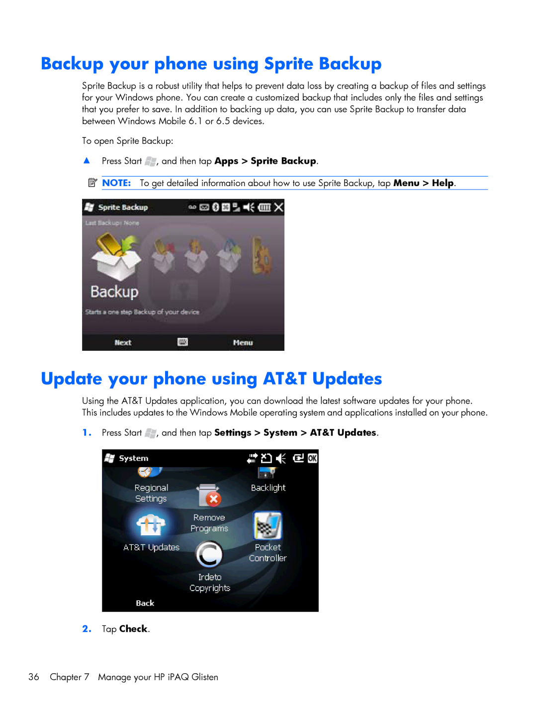 HP Glisten-AT&T manual Backup your phone using Sprite Backup, Update your phone using AT&T Updates 